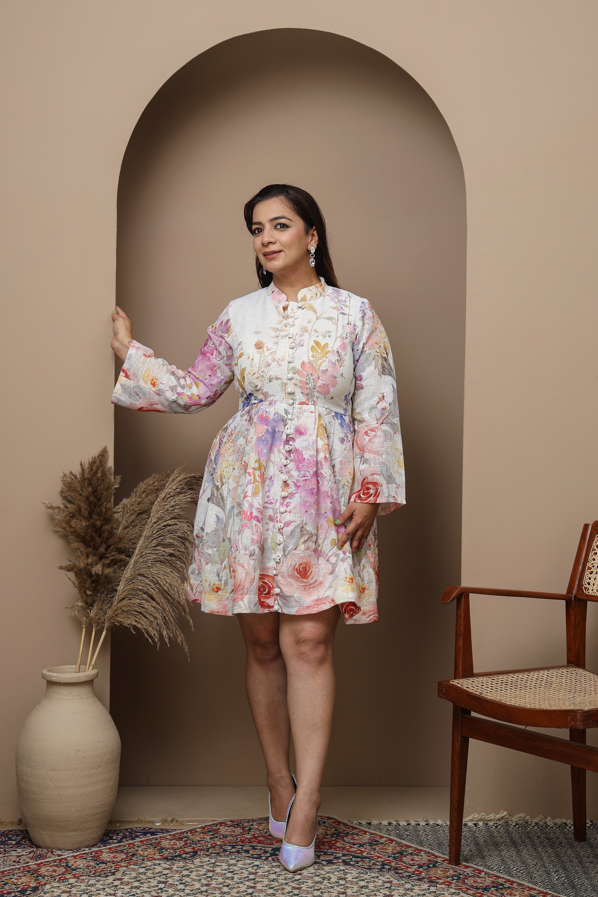 Pastel Floral Linen Dress with Mandarin Collar