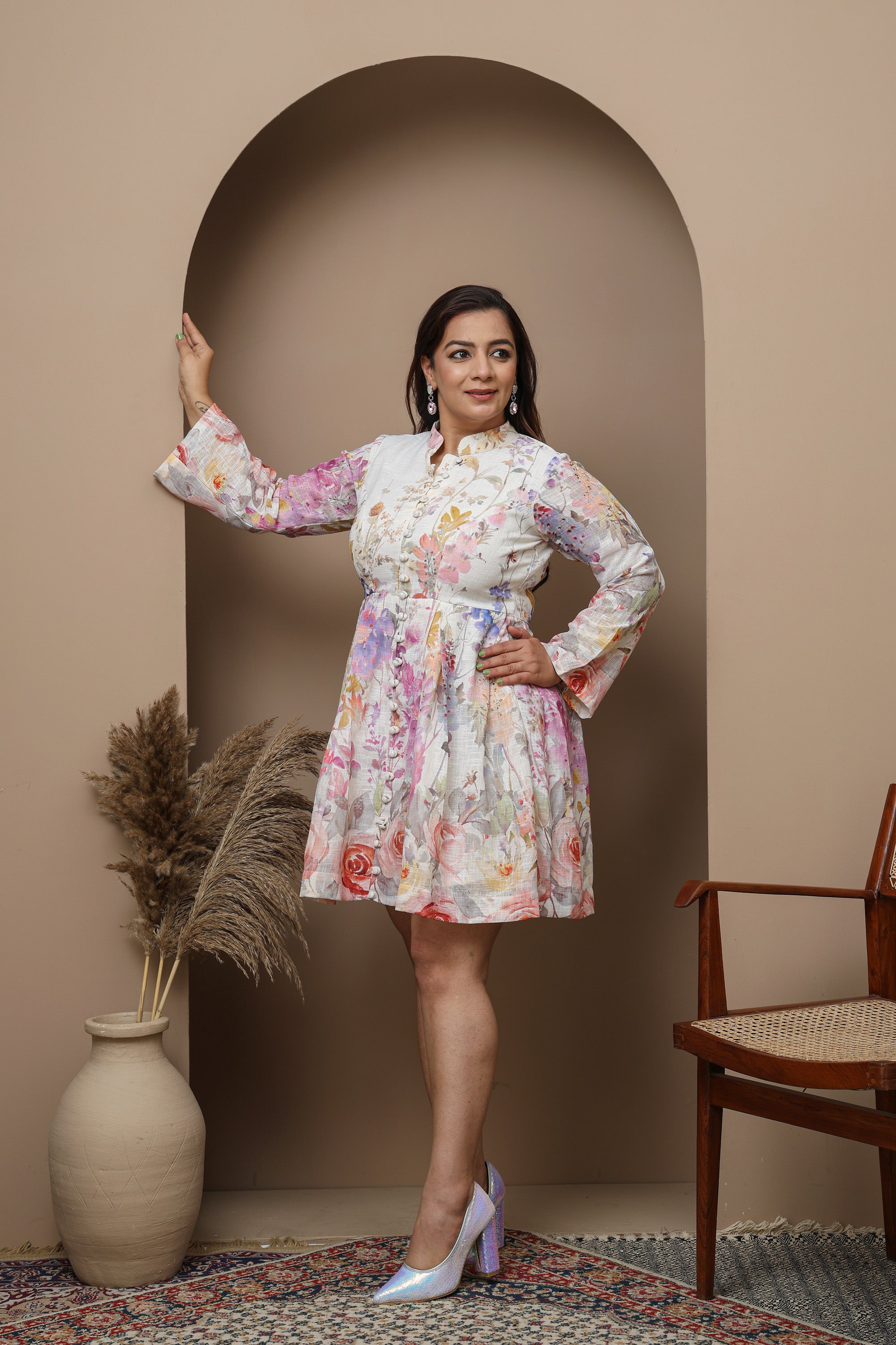 Pastel Floral Linen Dress with Mandarin Collar