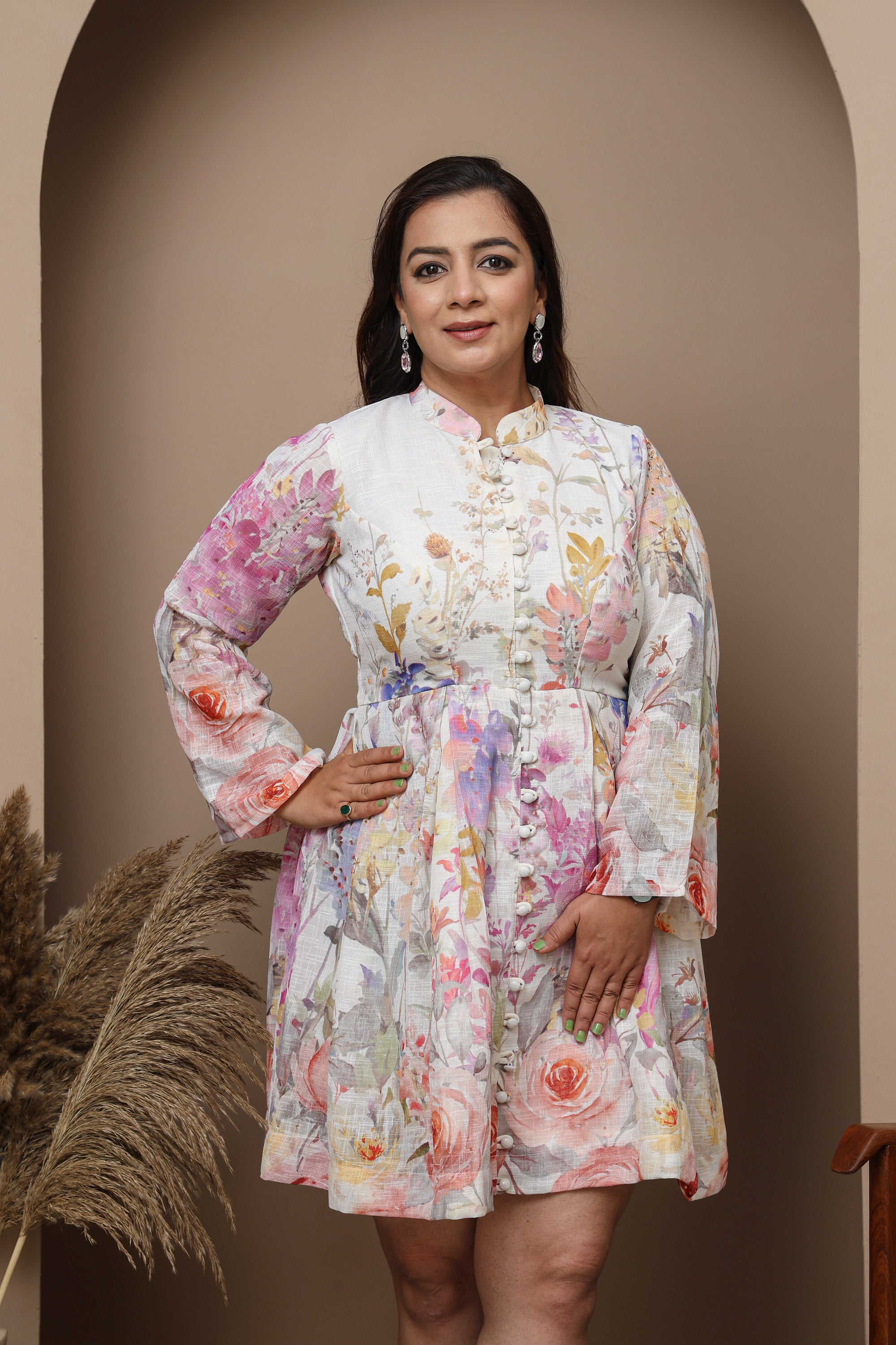 Pastel Floral Linen Dress with Mandarin Collar