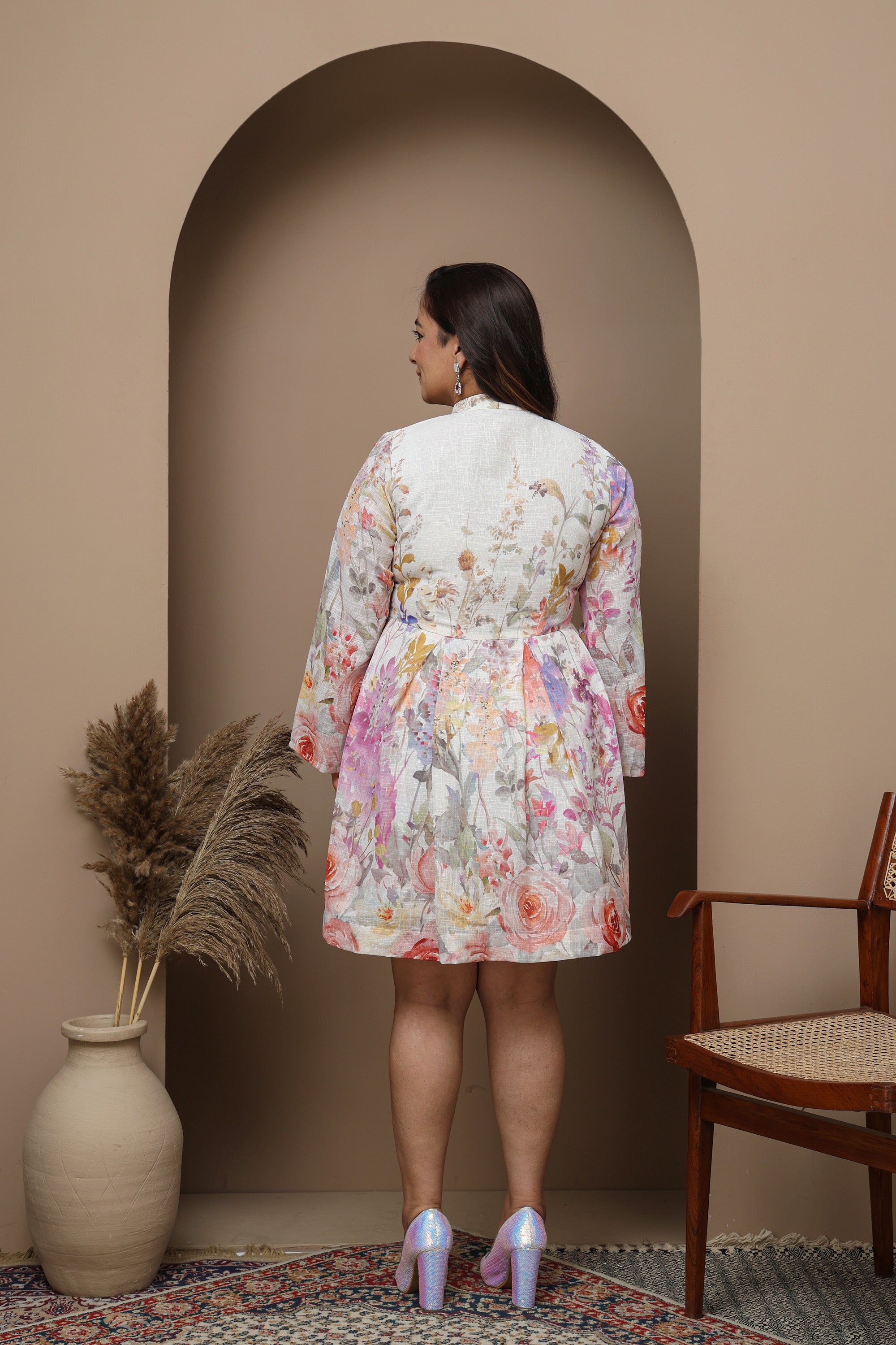 Pastel Floral Linen Dress with Mandarin Collar