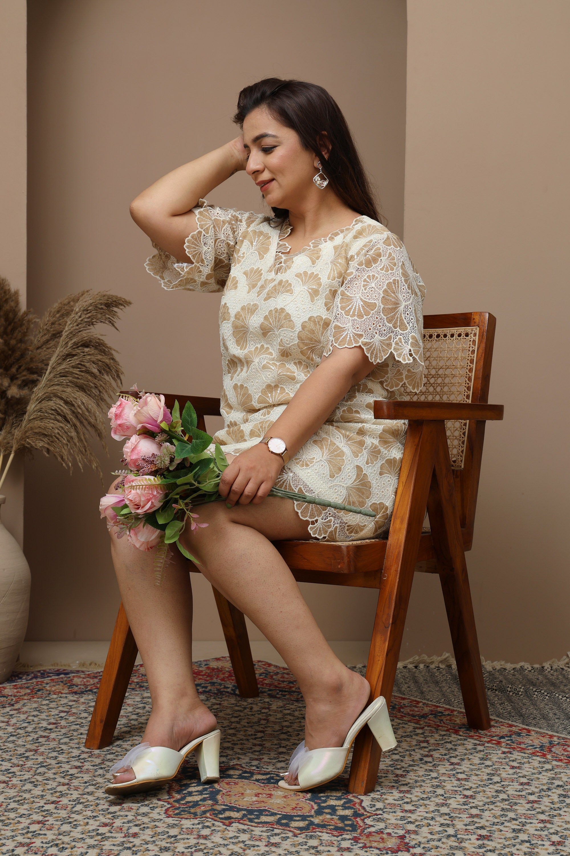 Gold Net A-Line Dress with Sequin Fan Motifs