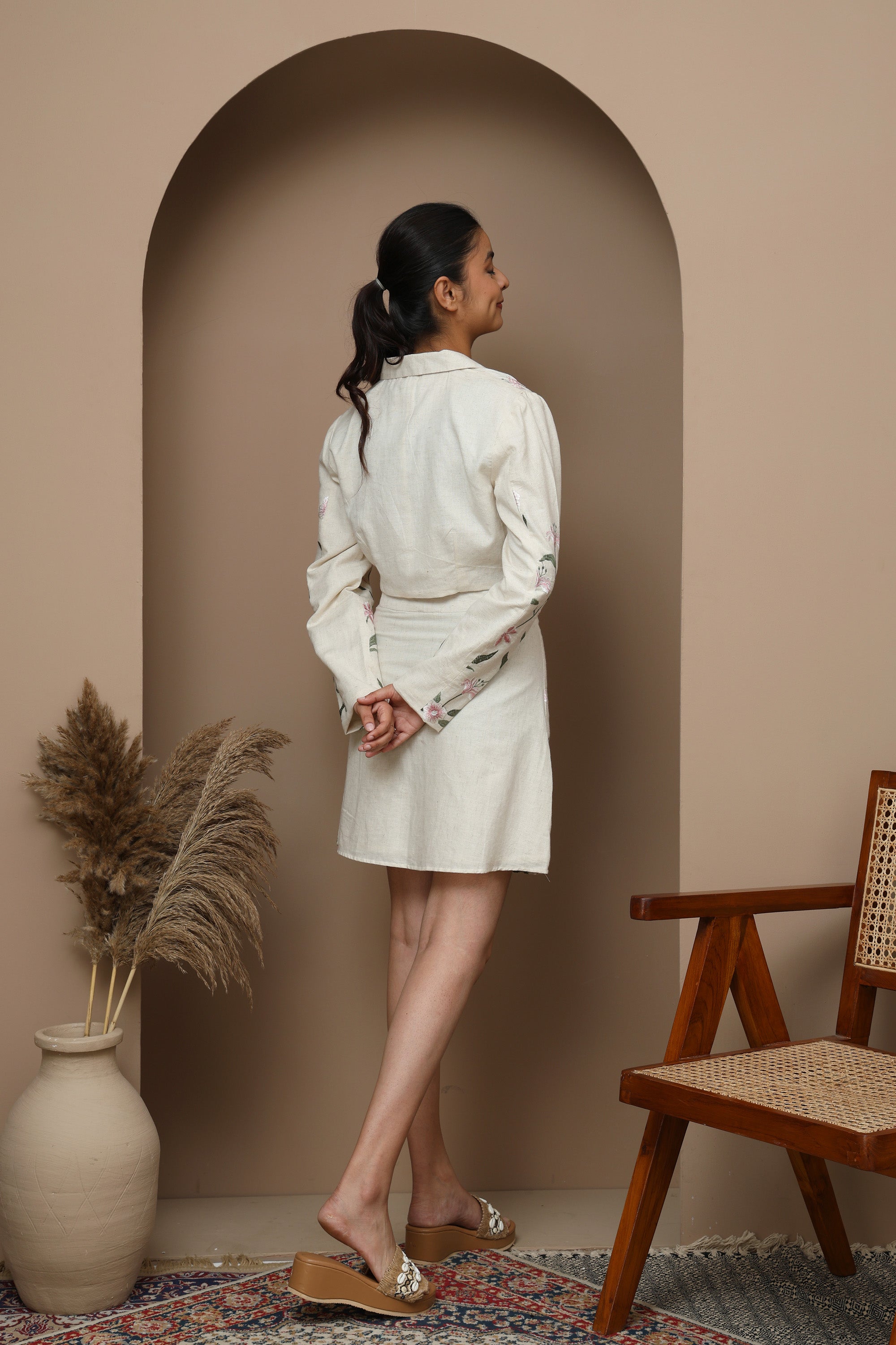 Pink Floral Cotton Full Sleeve Top & Skirt Set