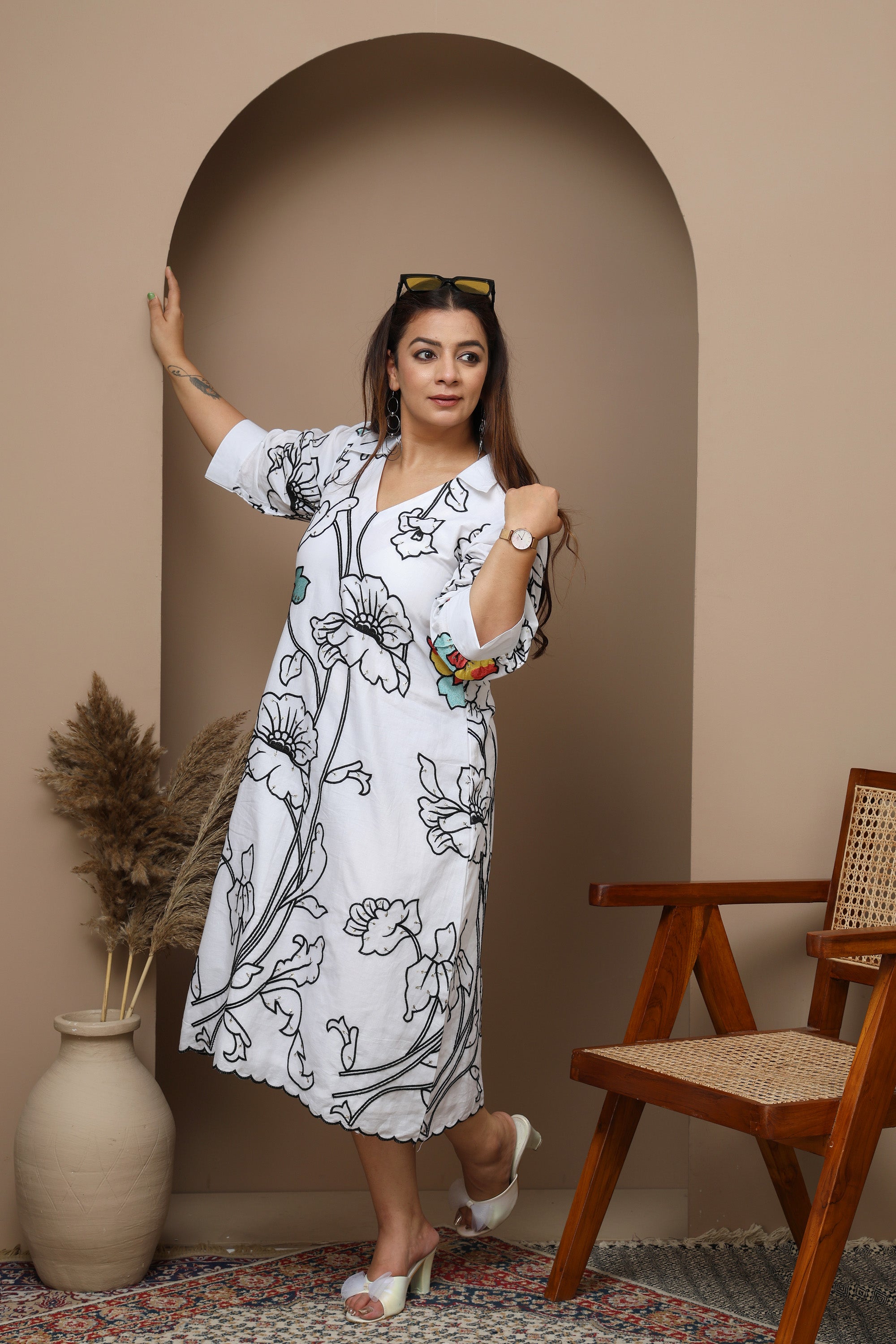 White Cotton V-Neck Dress