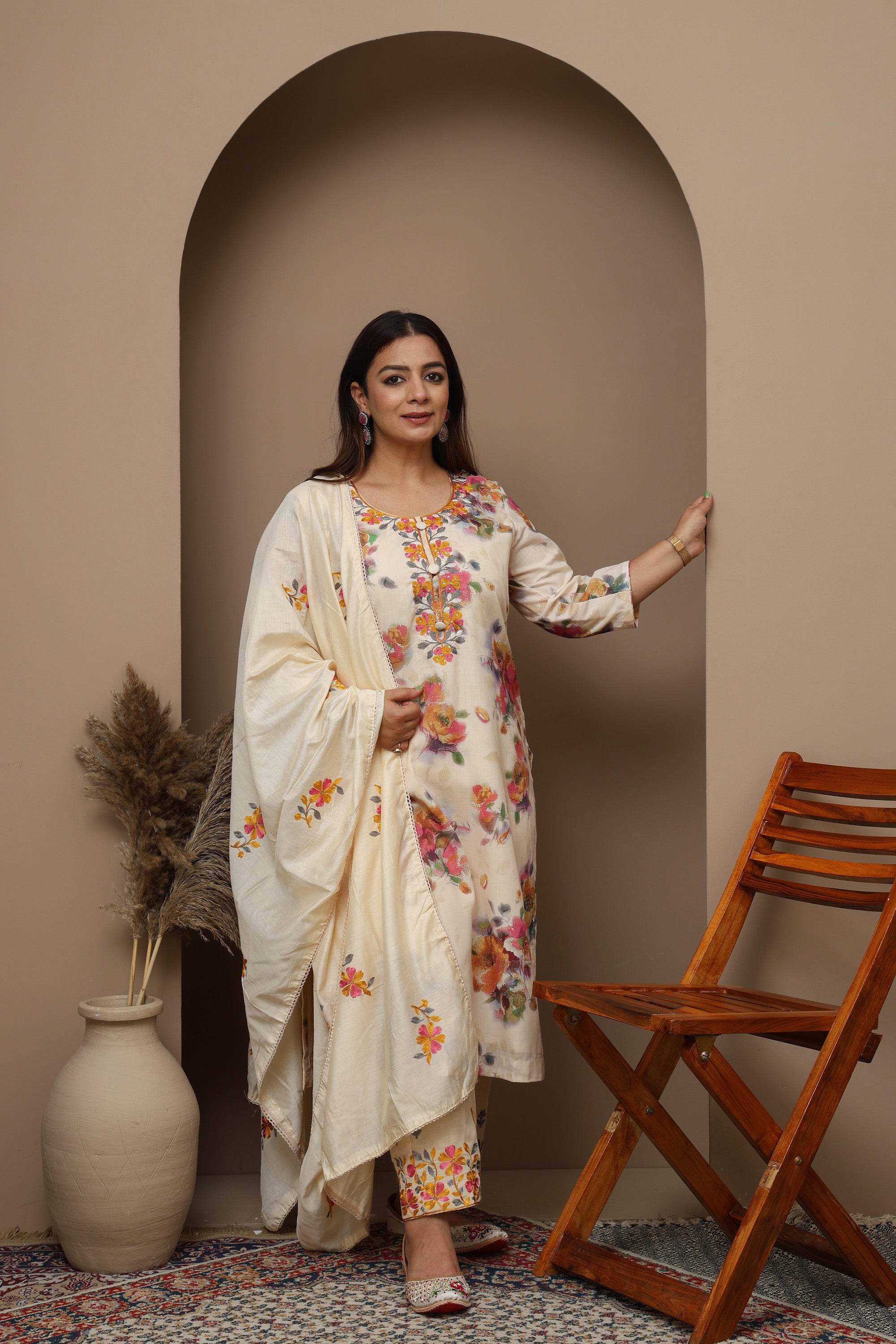 Off-White Floral Print Suit Set with Embroidered Neckline