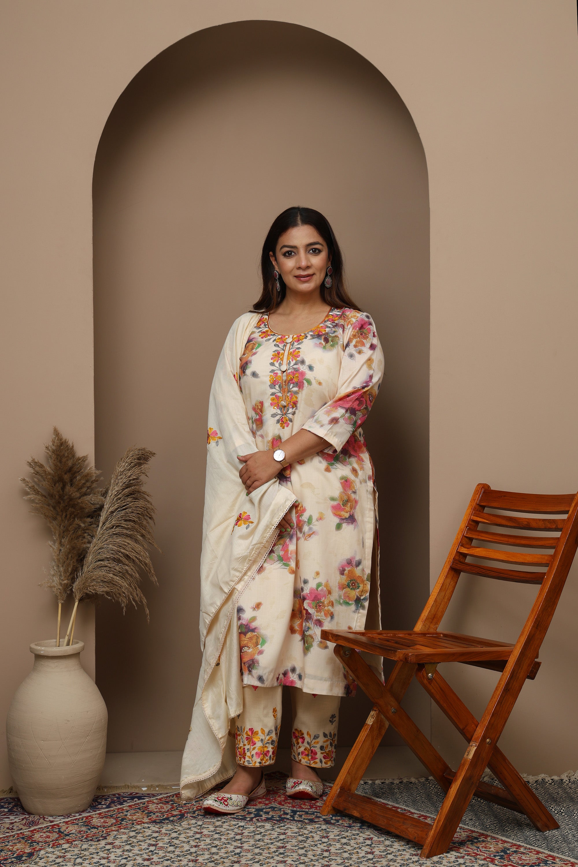 Off-White Floral Print Suit Set with Embroidered Neckline
