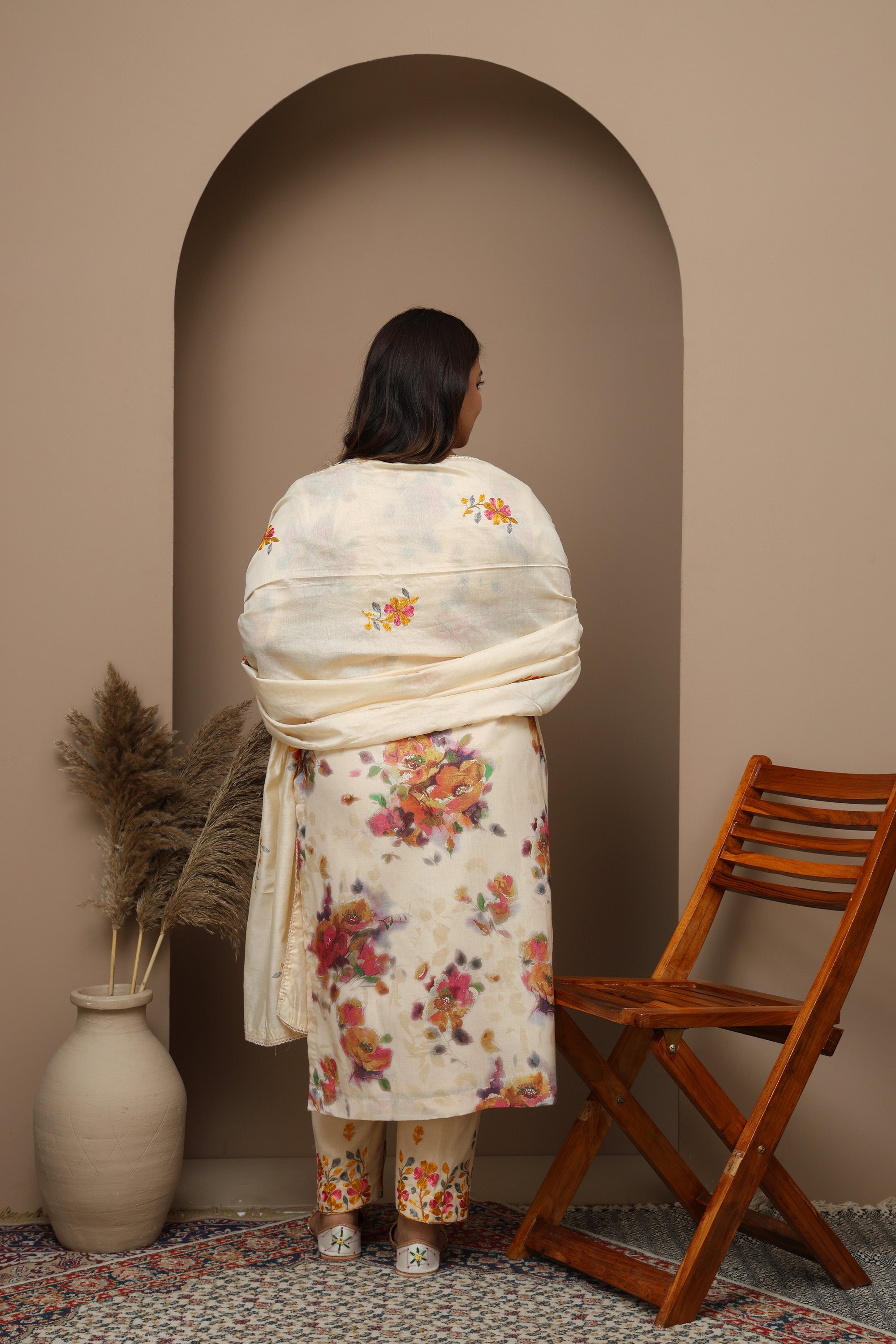 Off-White Floral Print Suit Set with Embroidered Neckline