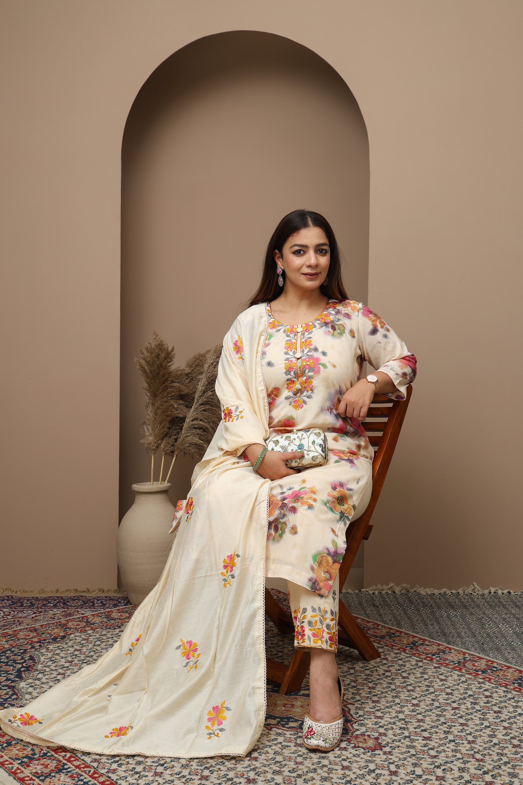 Off-White Floral Print Suit Set with Embroidered Neckline