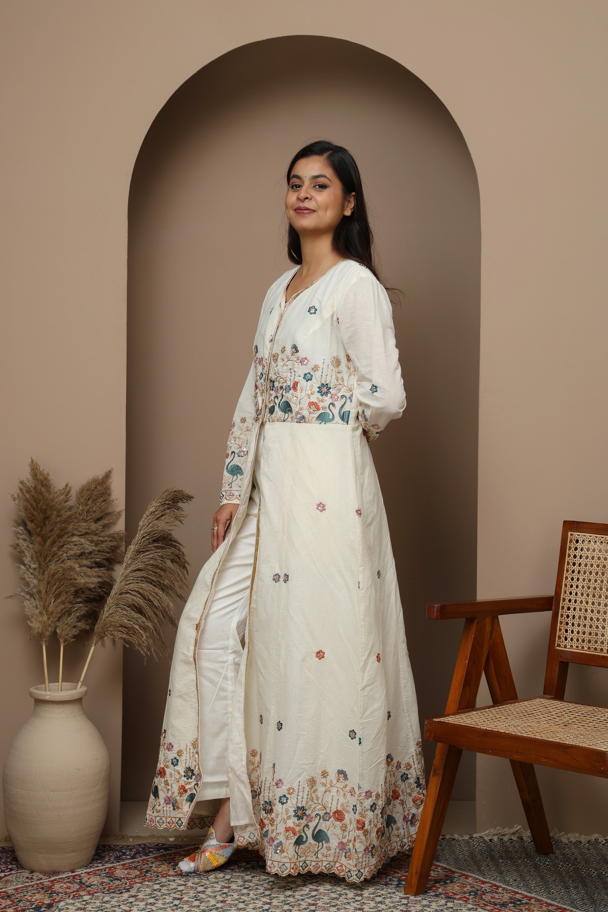 White Cotton Front-Open Embroidered Suit
