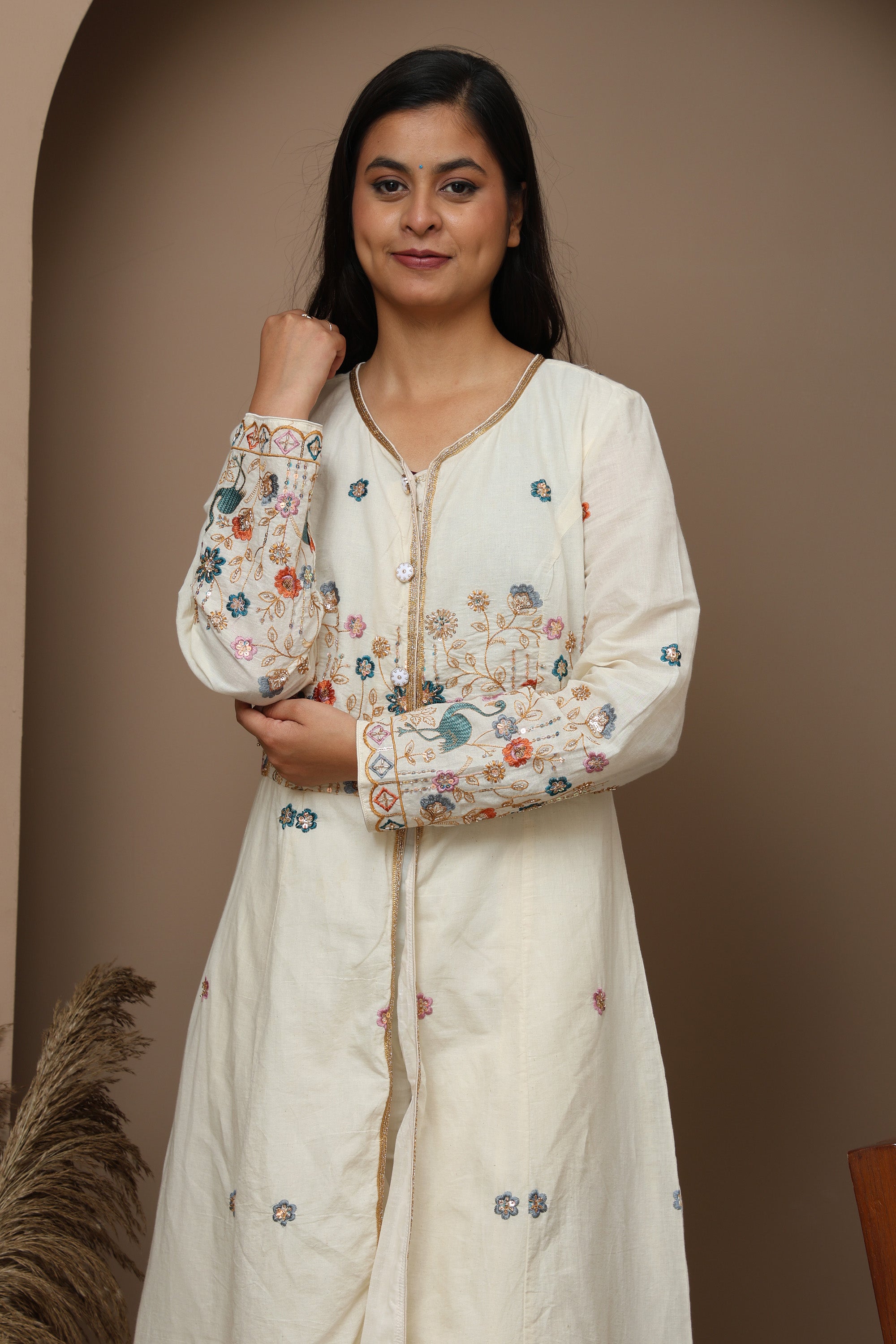 White Cotton Front-Open Embroidered Suit