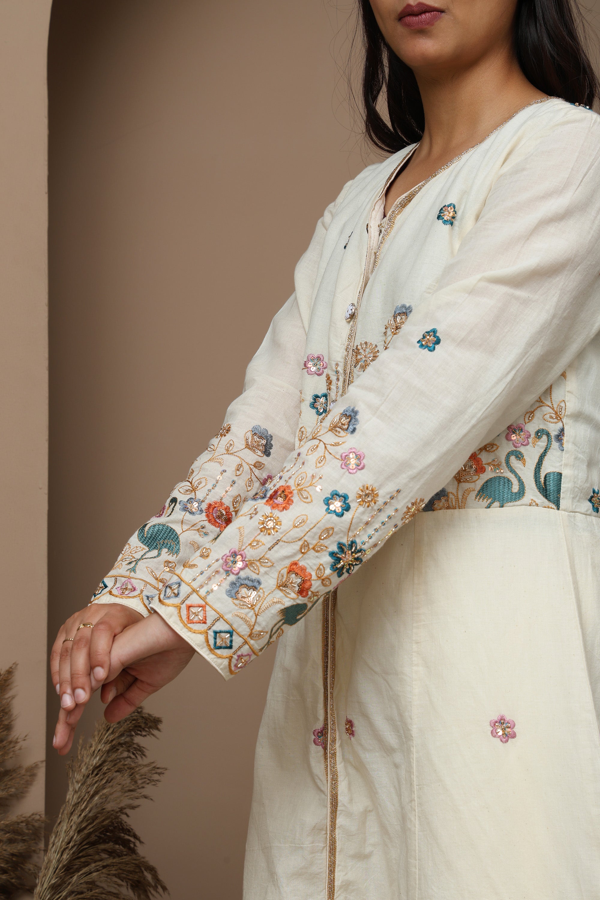 White Cotton Front-Open Embroidered Suit
