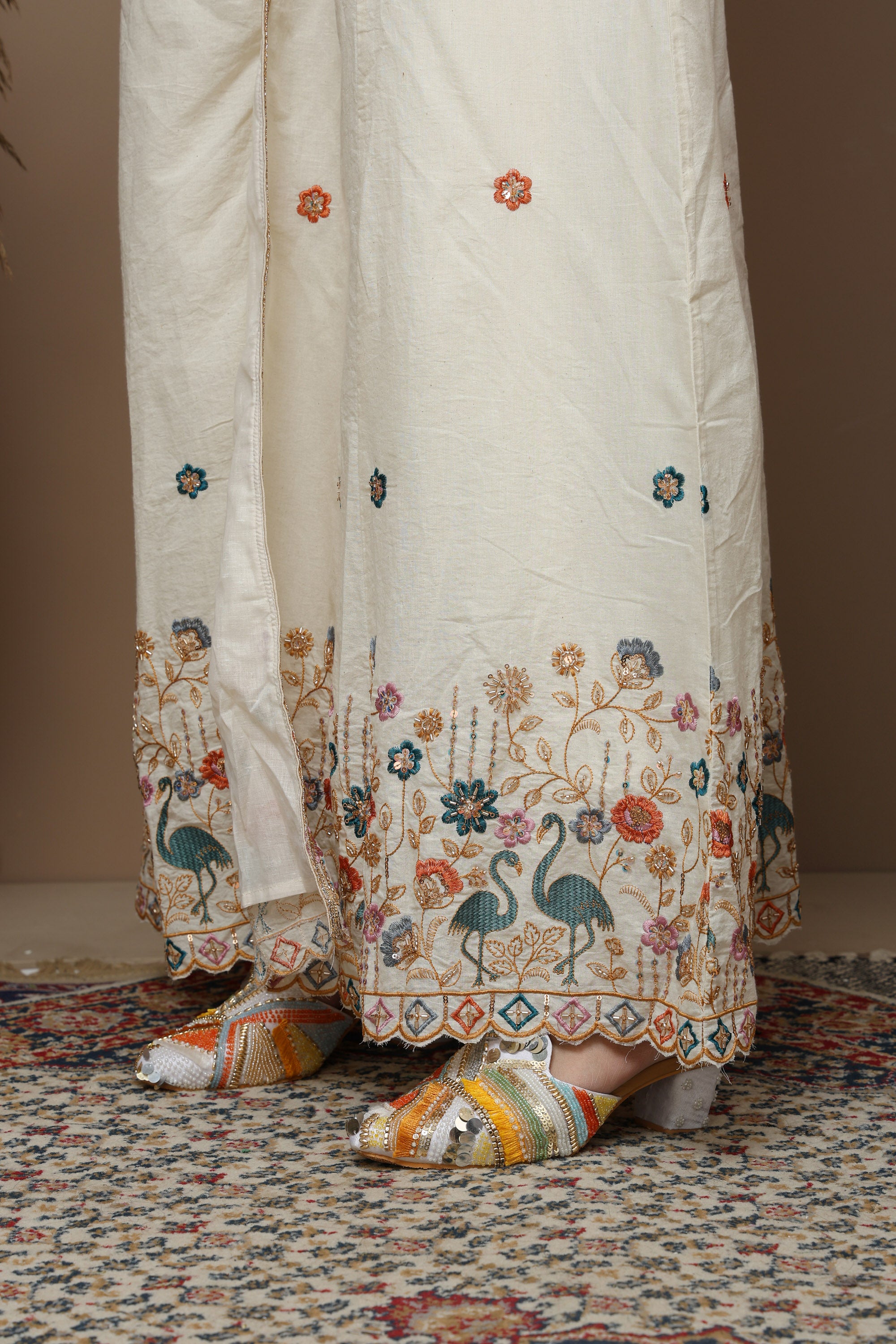 White Cotton Front-Open Embroidered Suit