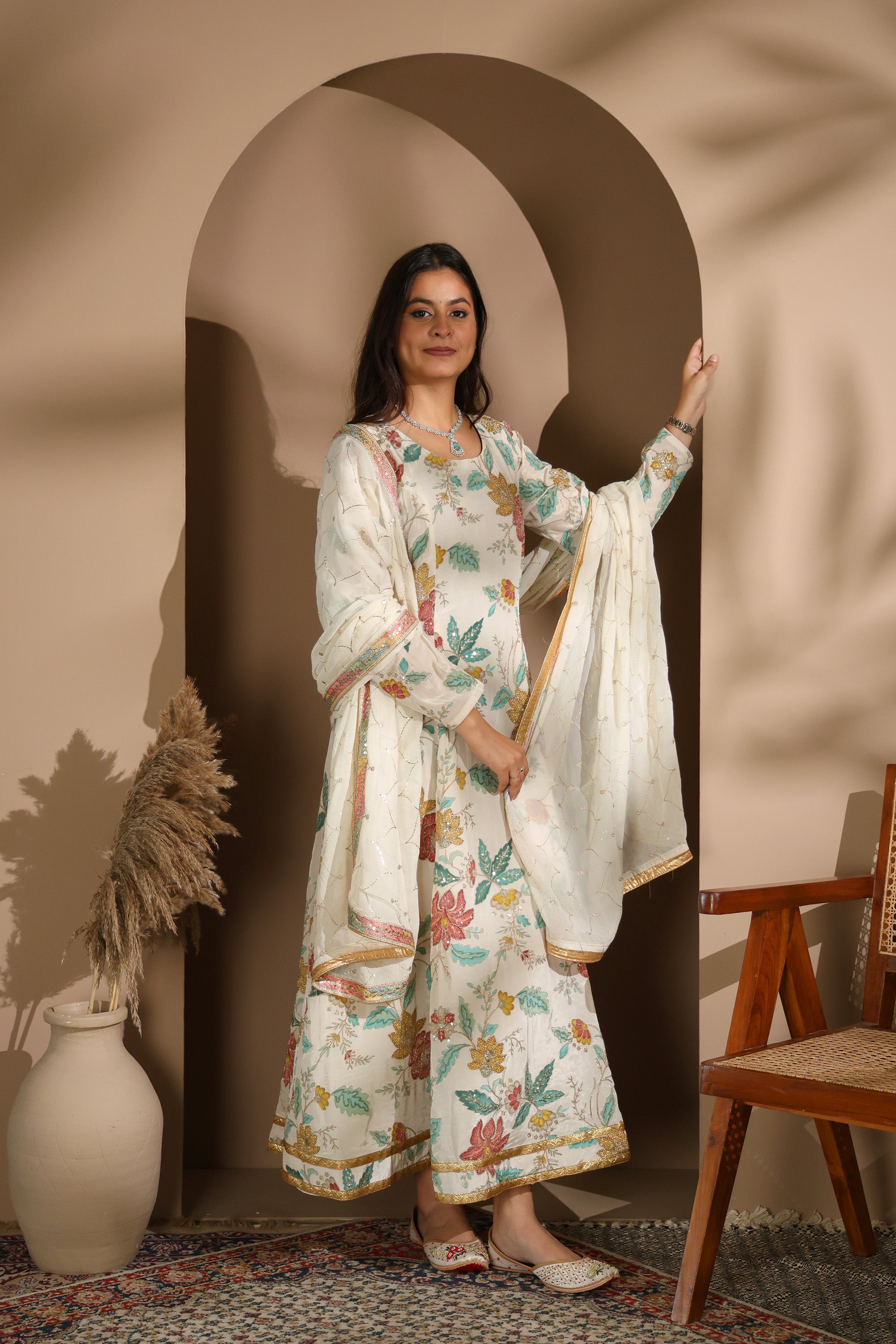 Pastel Floral Embroidered Crepe Silk Anarkali Set