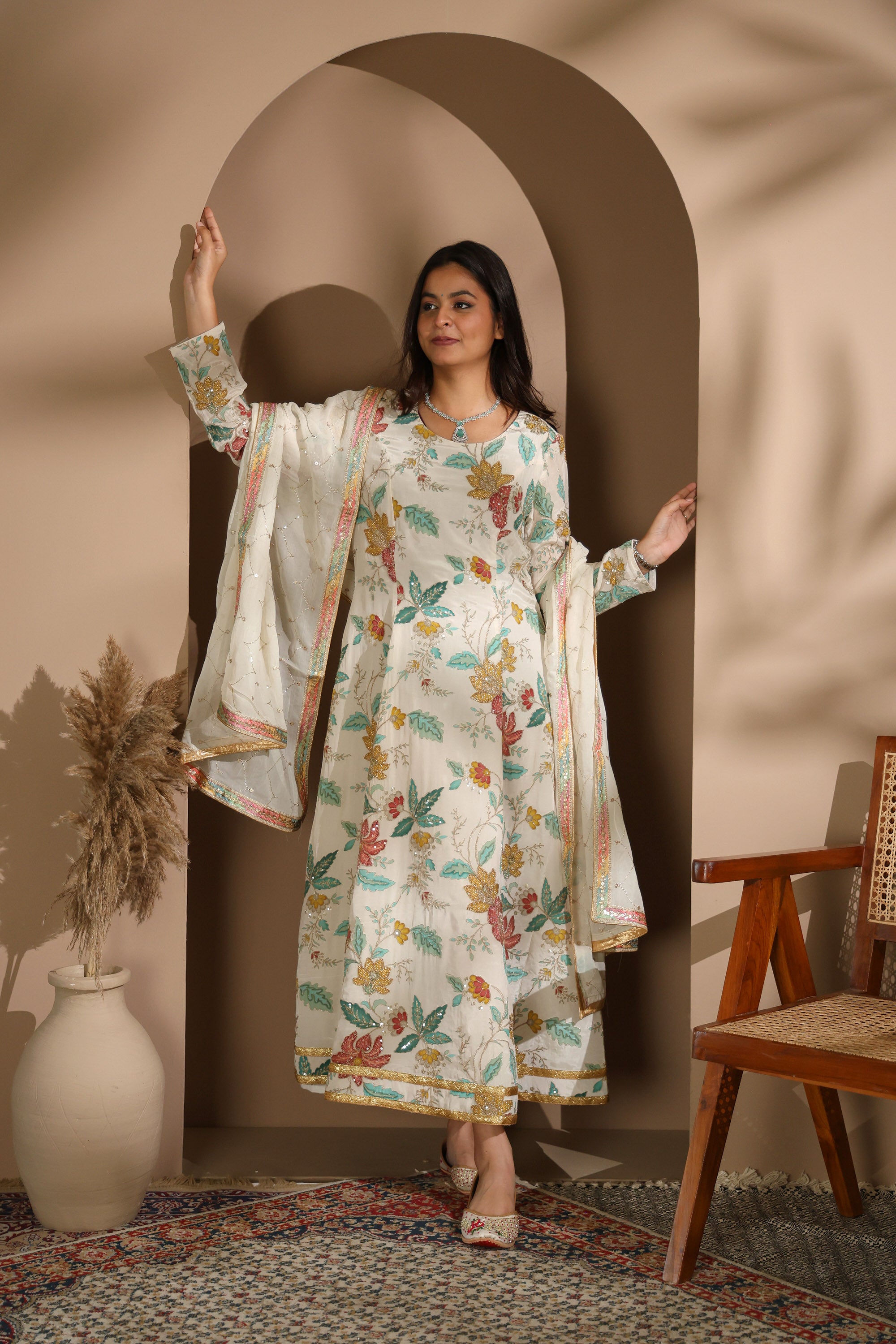 Pastel Floral Embroidered Crepe Silk Anarkali Set