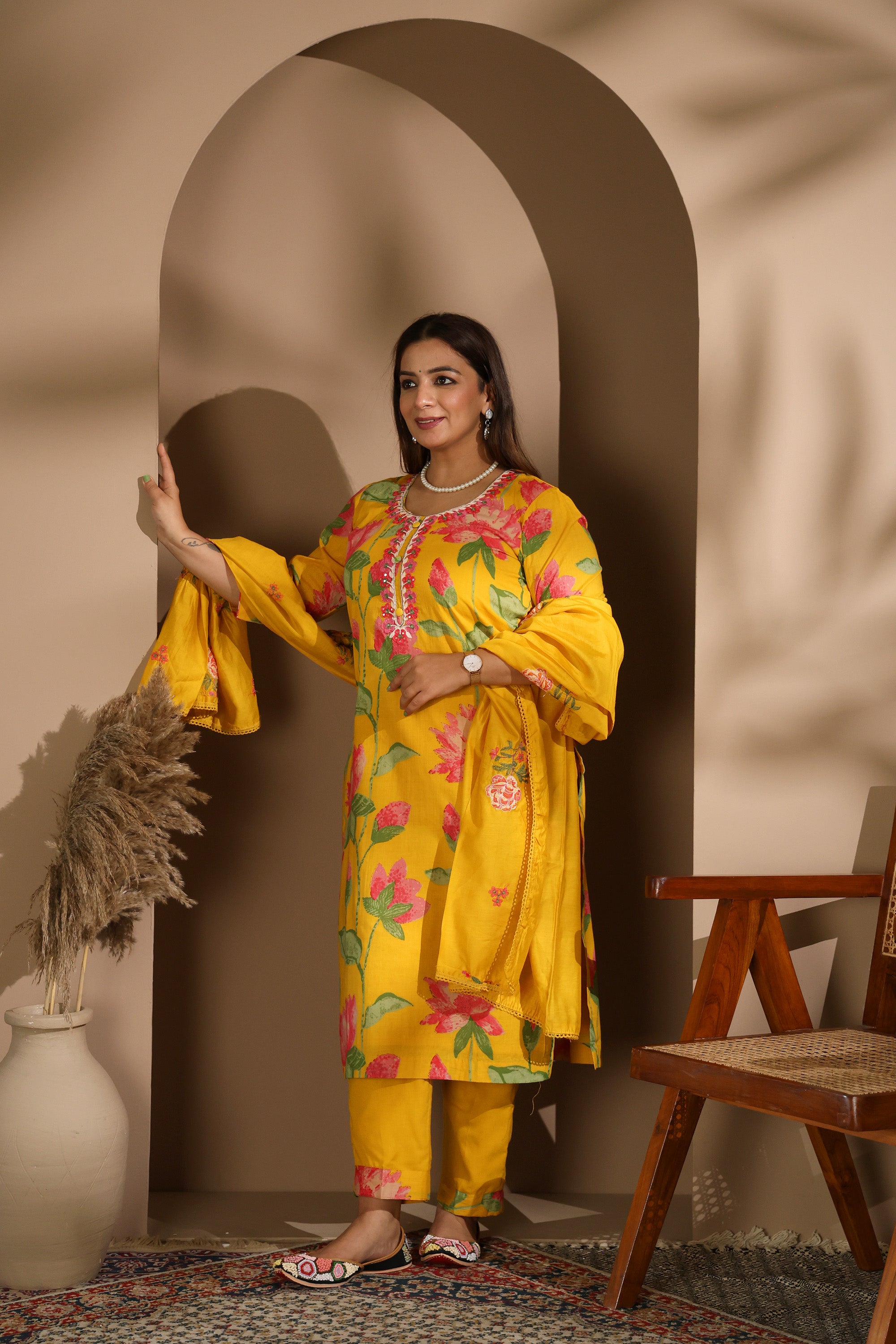 Yellow Cotton Suit Set with Floral Handblock Print & Embroidered Details