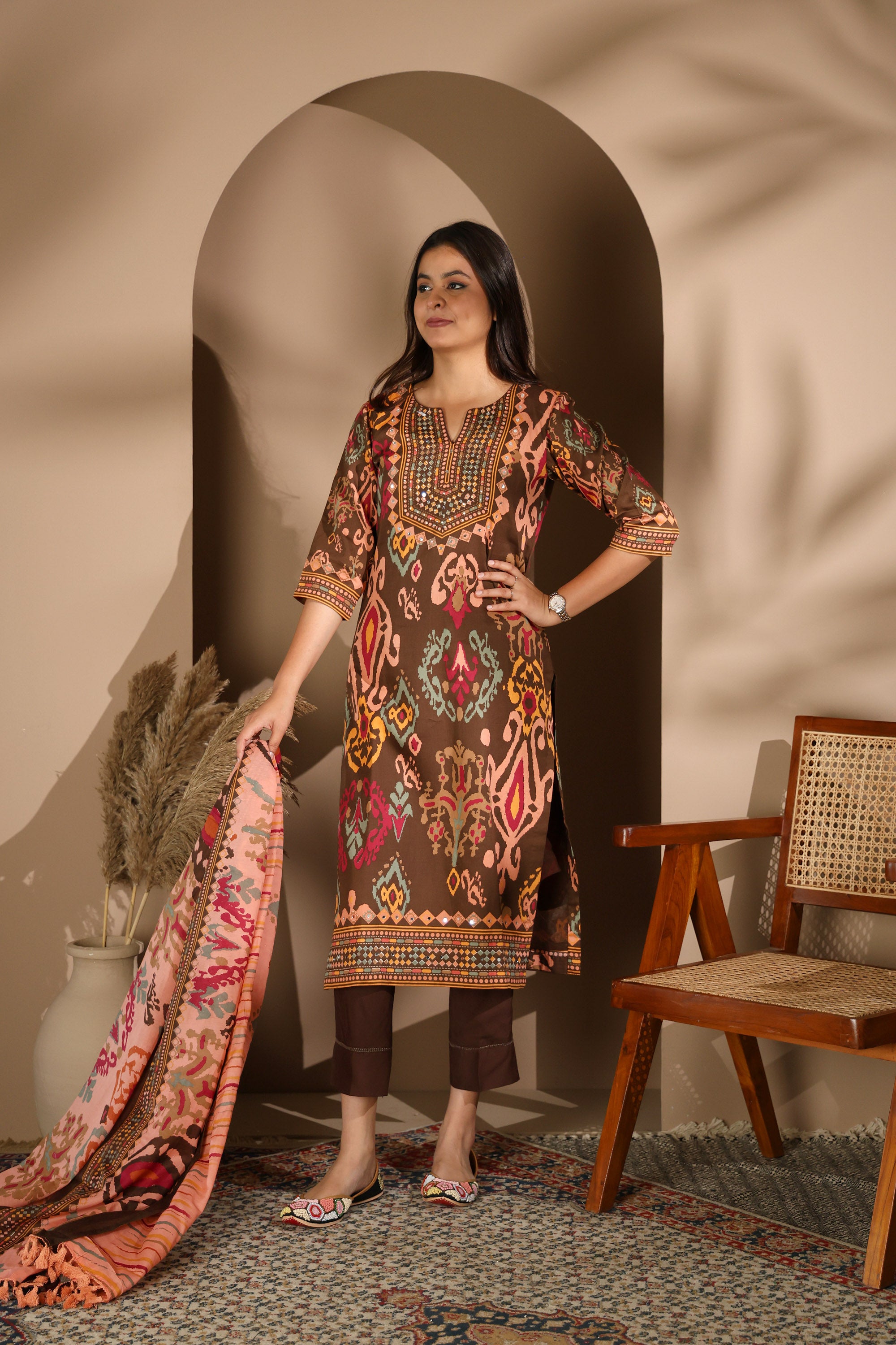 Brown Tribal Print Kurta Set with embroidered Neckline