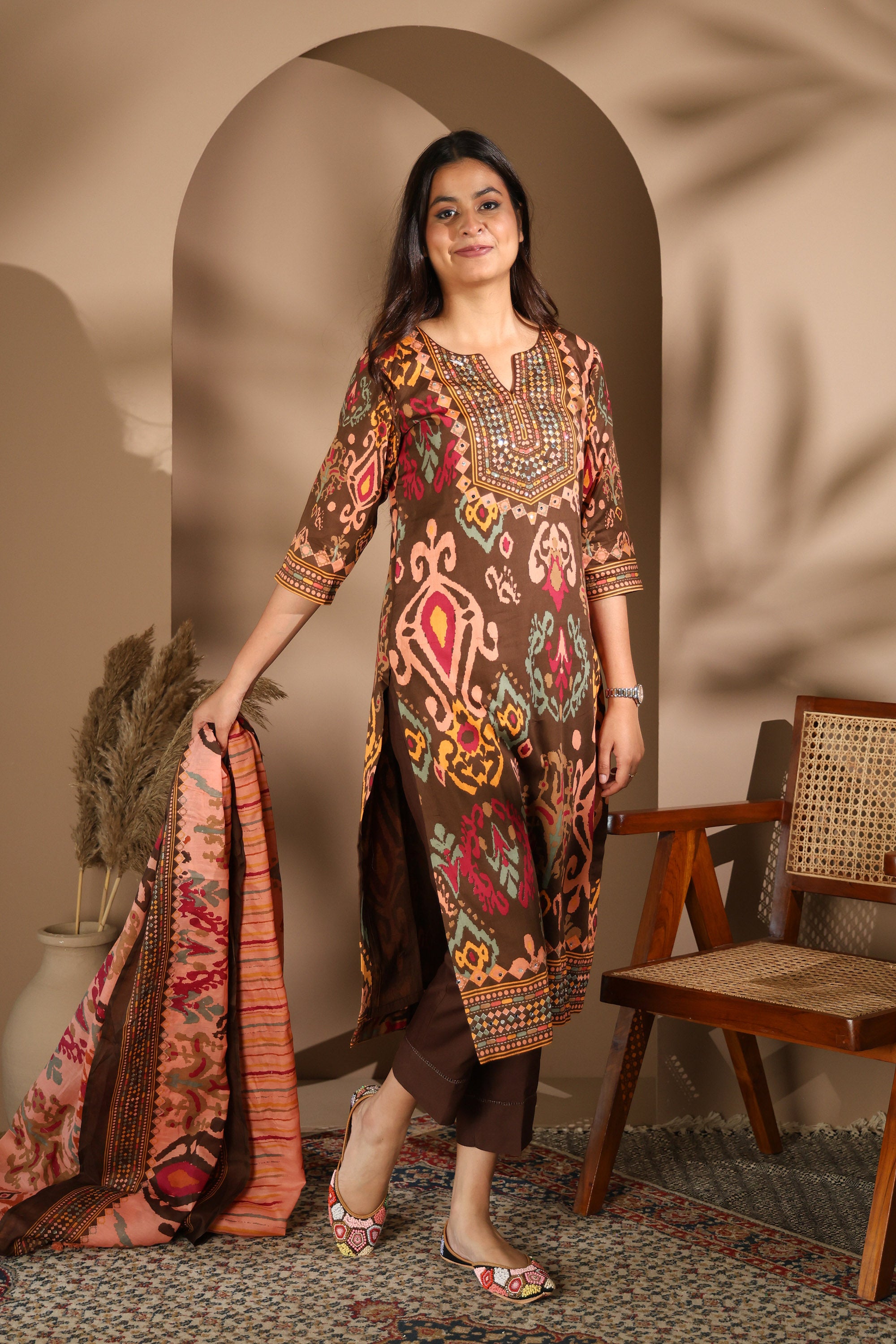 Brown Tribal Print Kurta Set with embroidered Neckline