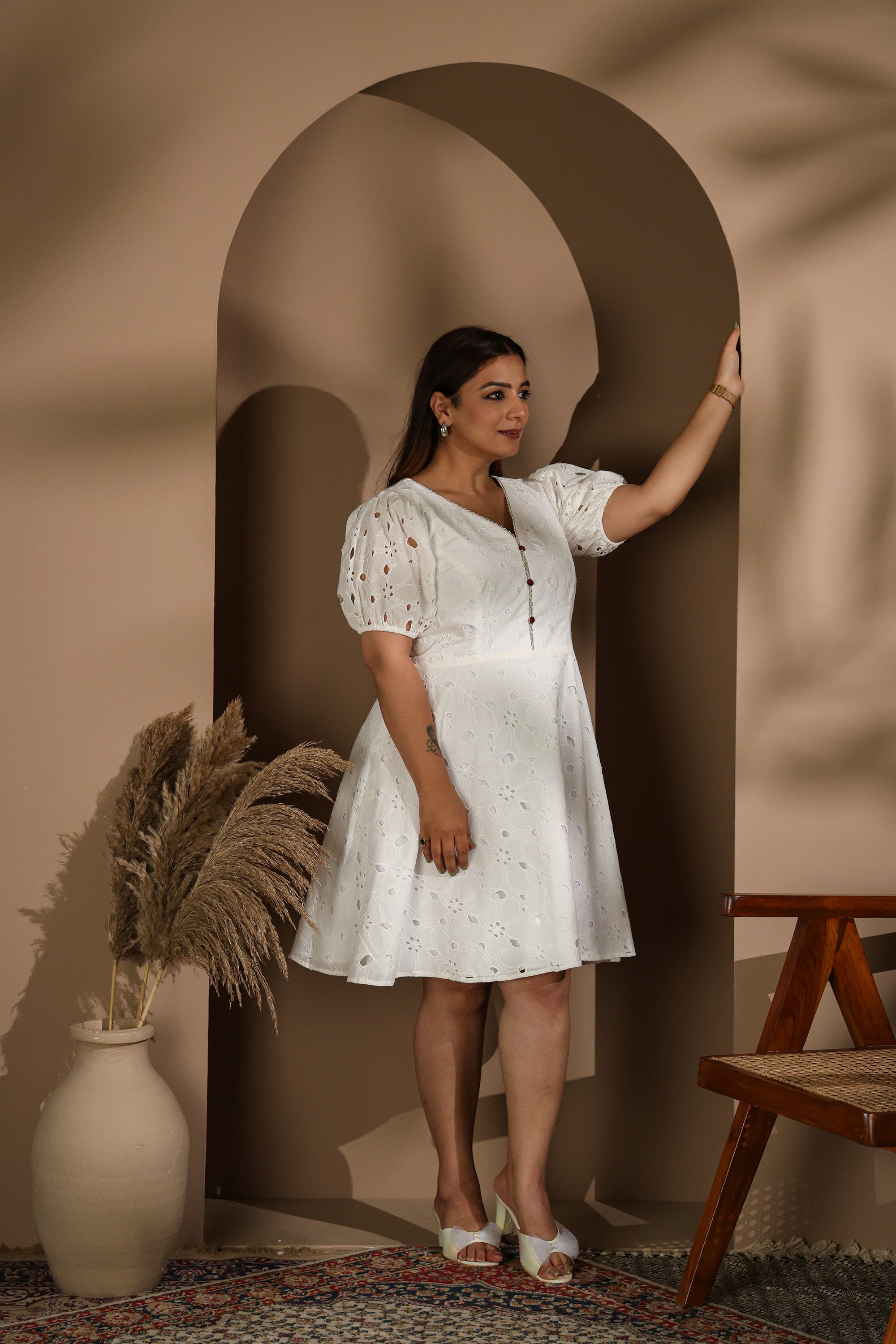 White Hakoba Cotton Dress with V-Neck & Puff Sleeves