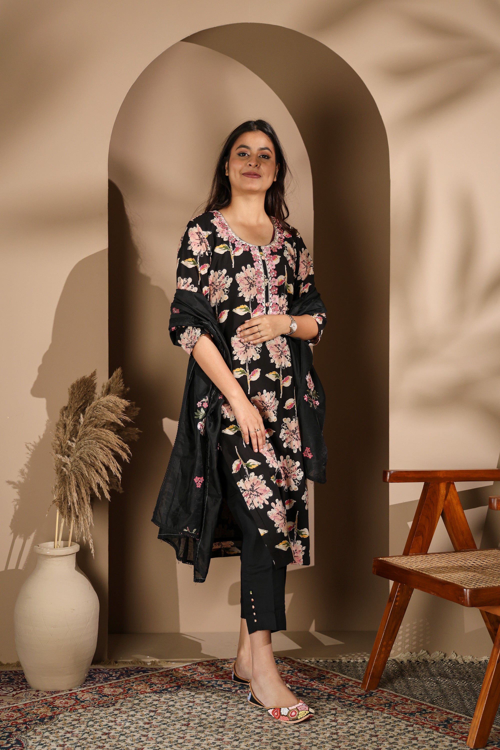 Black Kurta Set with Pink Floral Prints & Embroidered Neckline