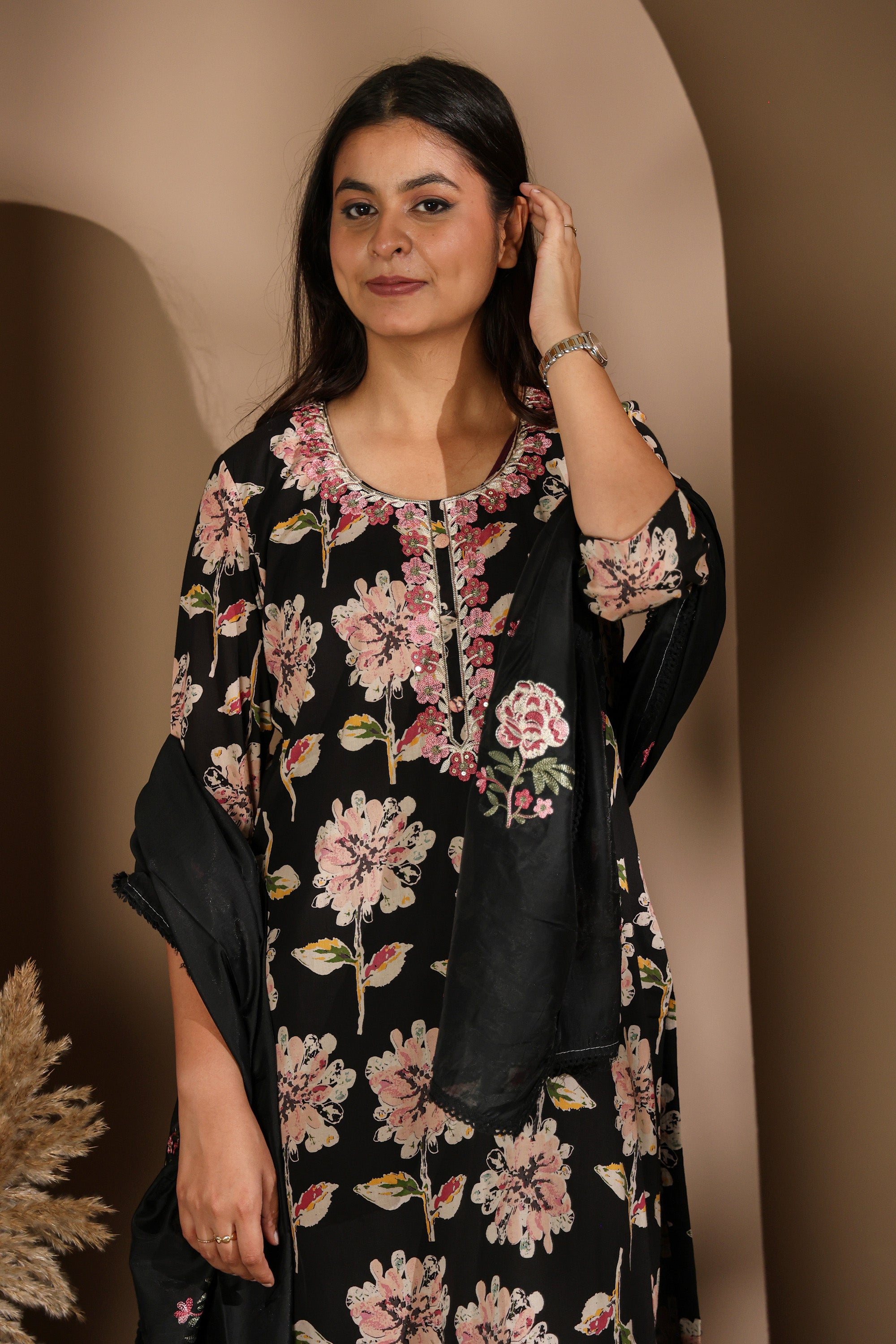 Black Kurta Set with Pink Floral Prints & Embroidered Neckline