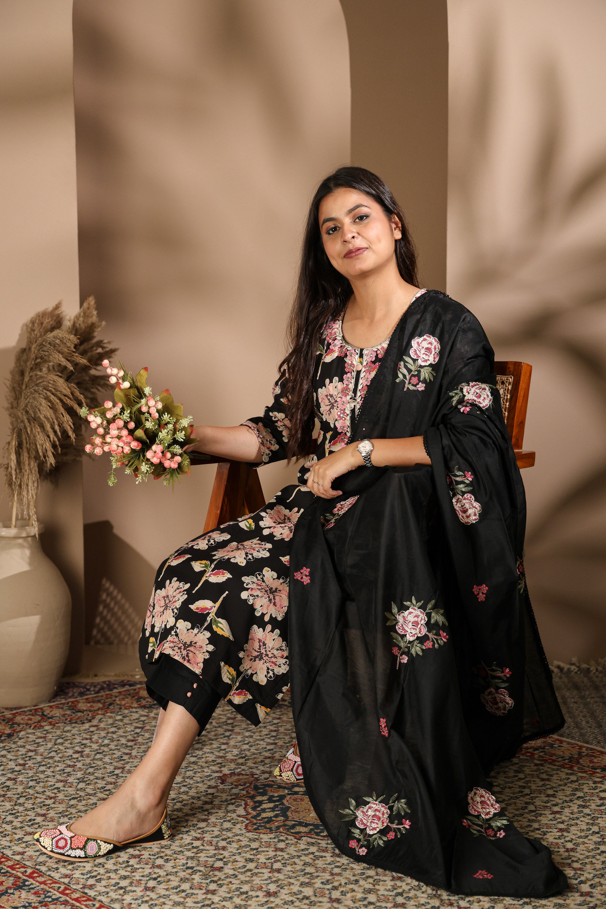 Black Kurta Set with Pink Floral Prints & Embroidered Neckline