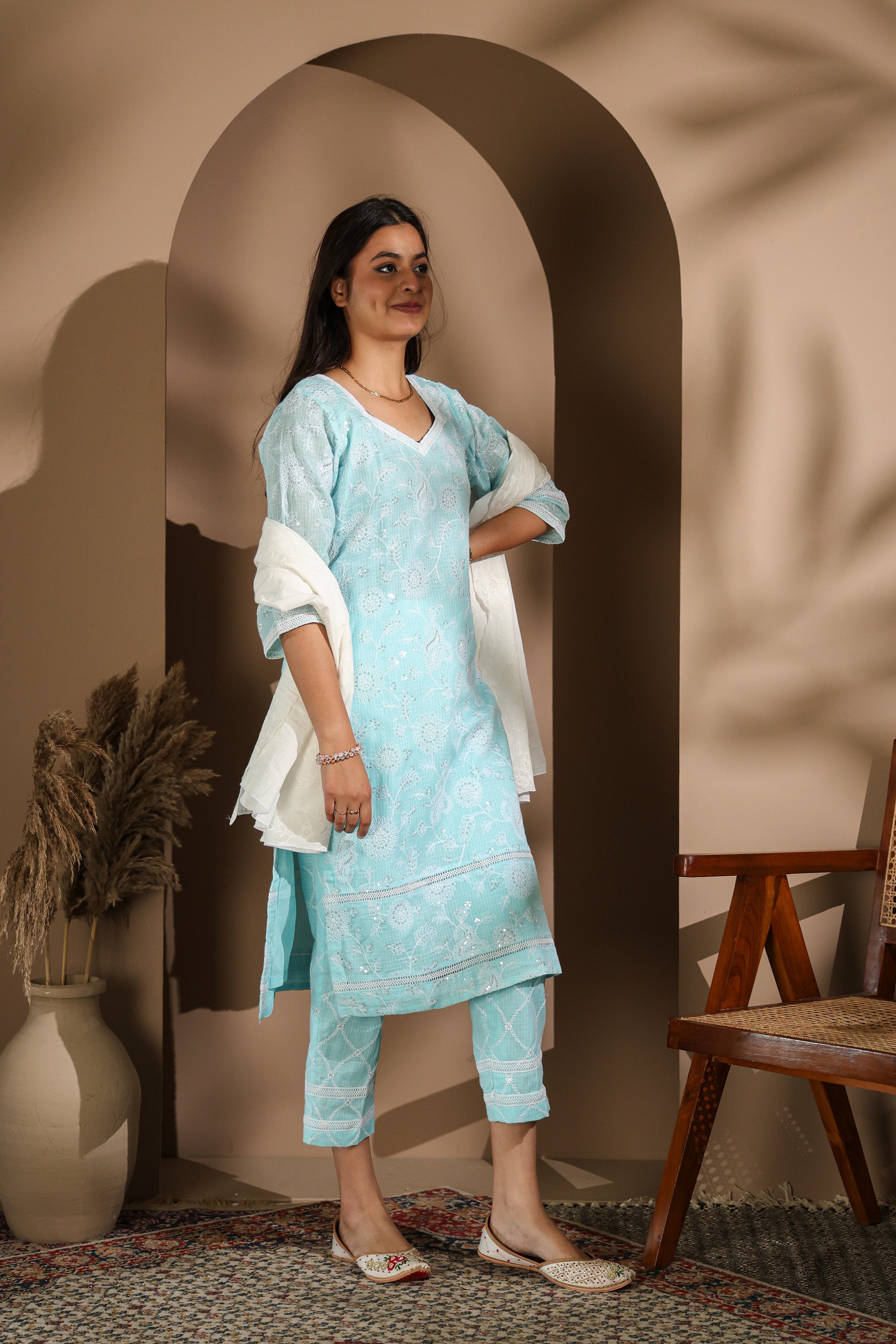 Pastel Blue Cotton Chikankari Suit Set with Dupatta / Pastel Pink/ Pastle green