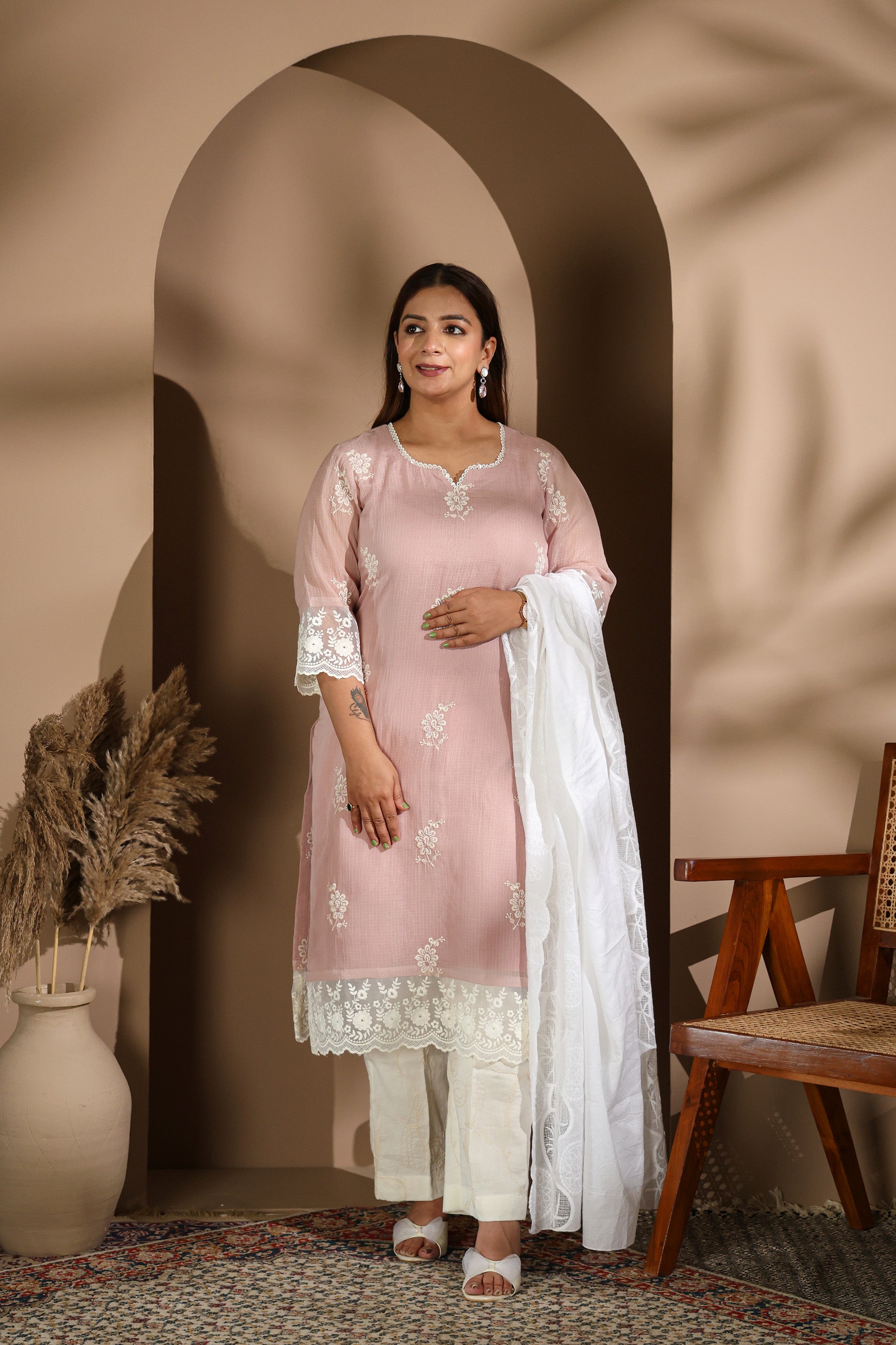 Nude Pink Embroidered Suit Set with White Dupatta