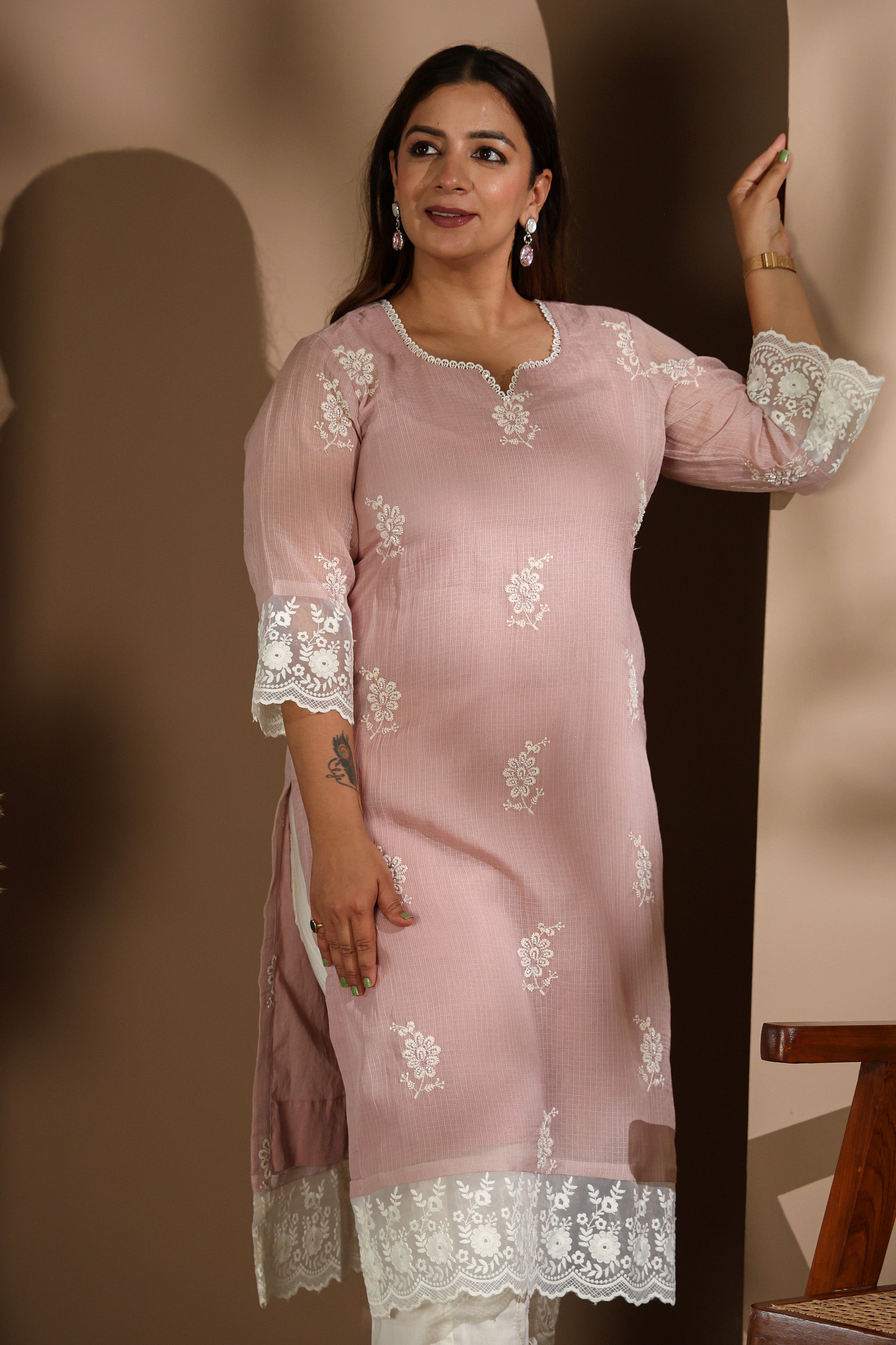 Nude Pink Embroidered Suit Set with White Dupatta