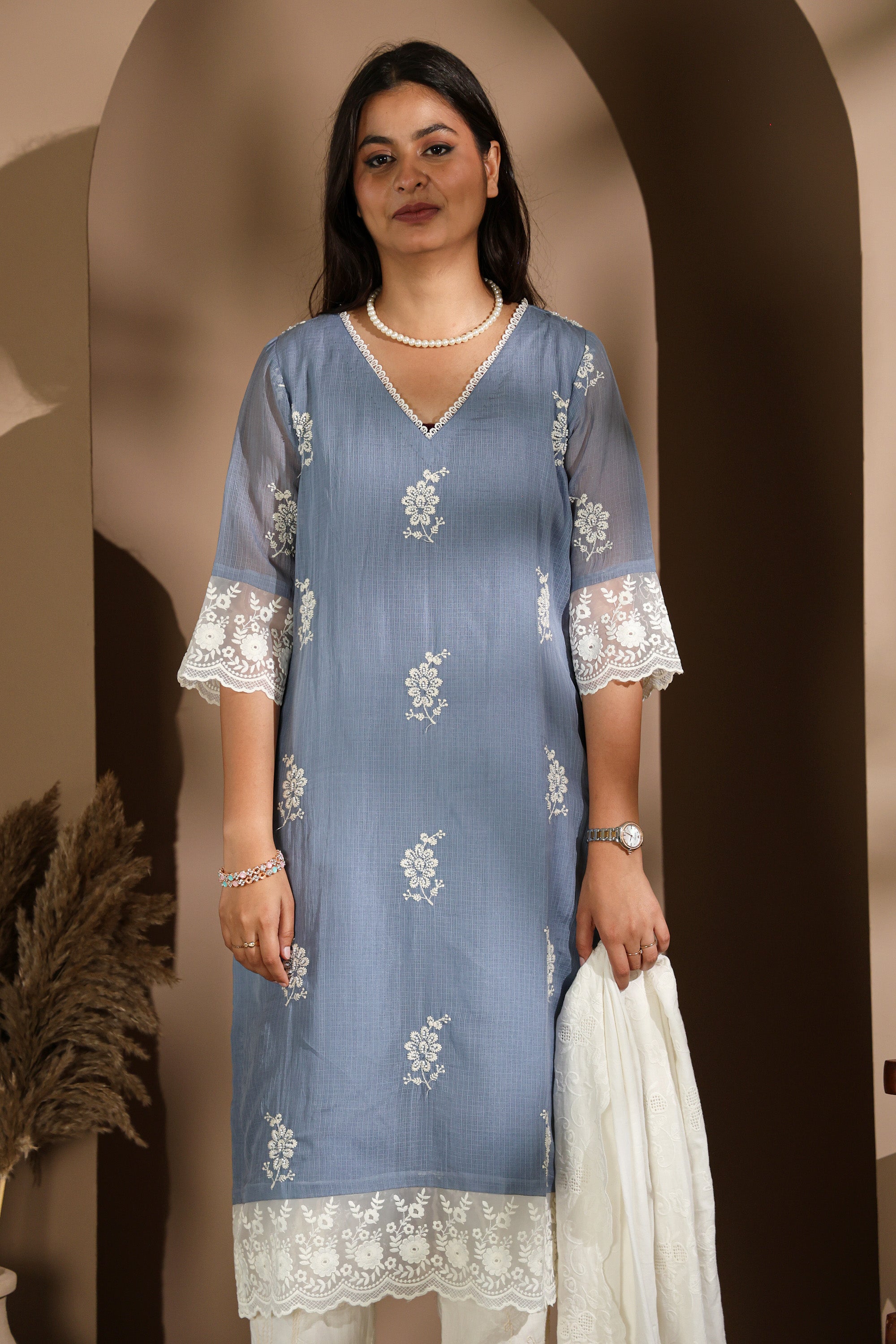 Nude Grey Kurta Set with Delicate Blue Embroidery