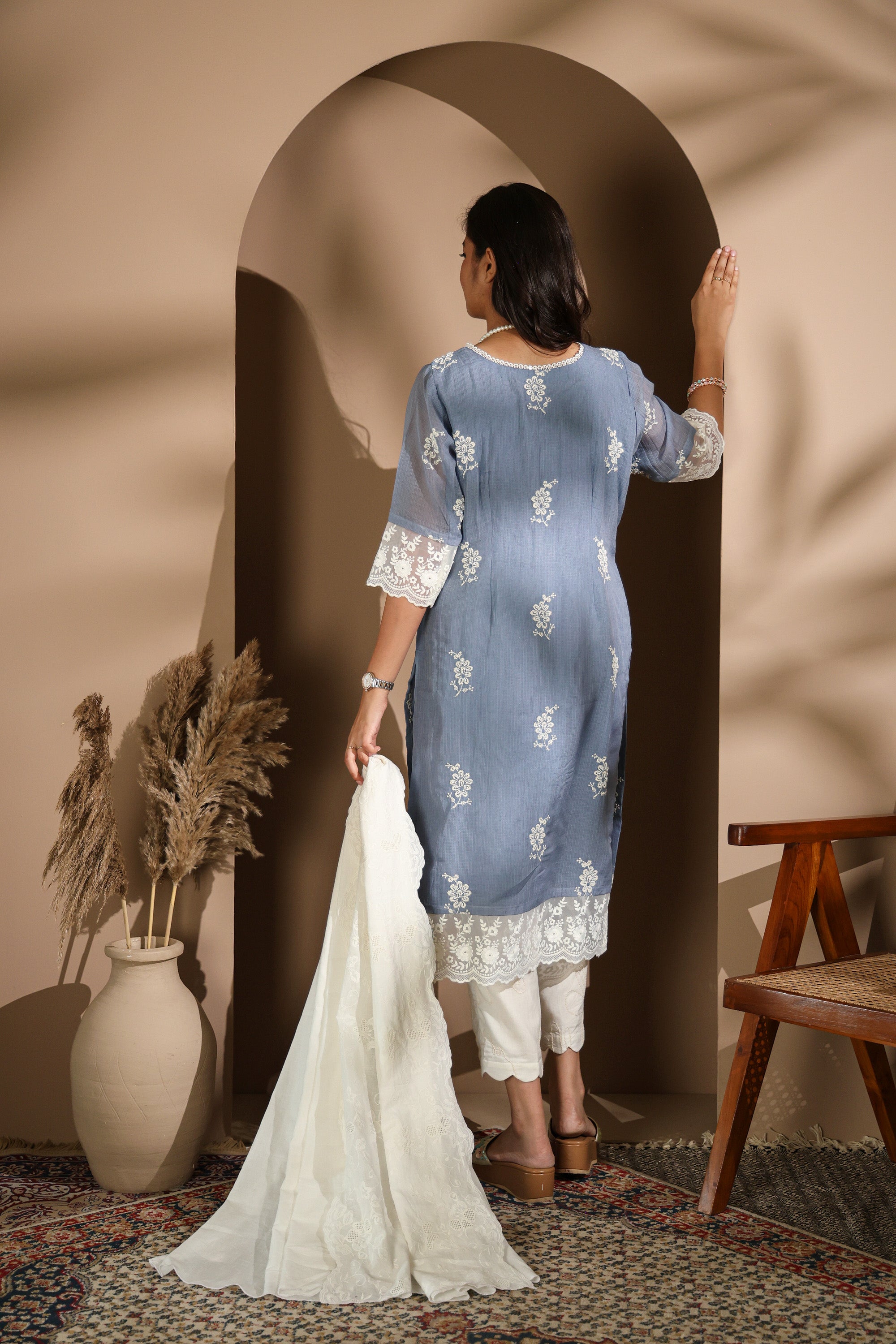 Nude Grey Kurta Set with Delicate Blue Embroidery