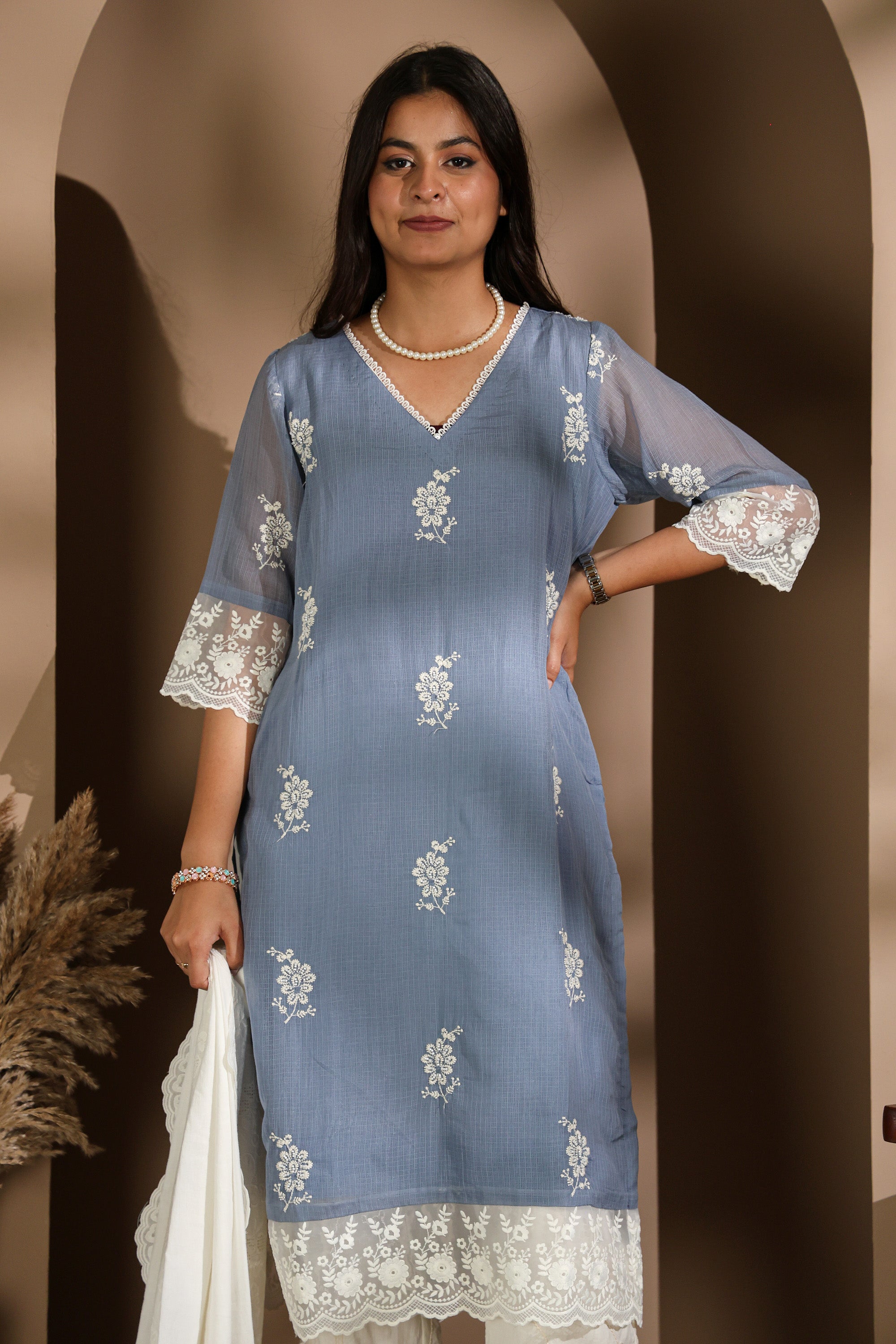 Nude Grey Kurta Set with Delicate Blue Embroidery