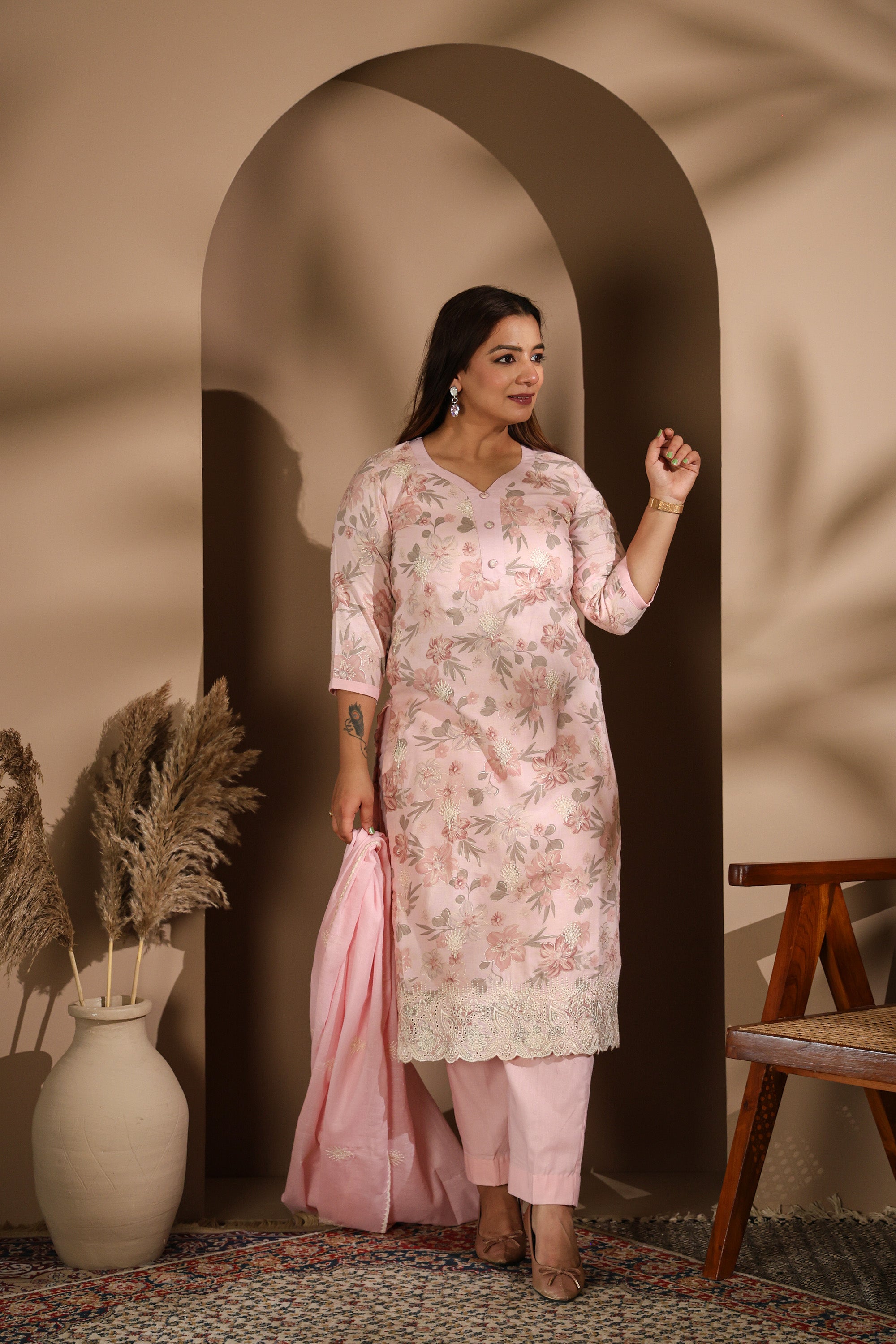Pastel Pink Floral Printed Kurta Set with Embroidered Dupatta