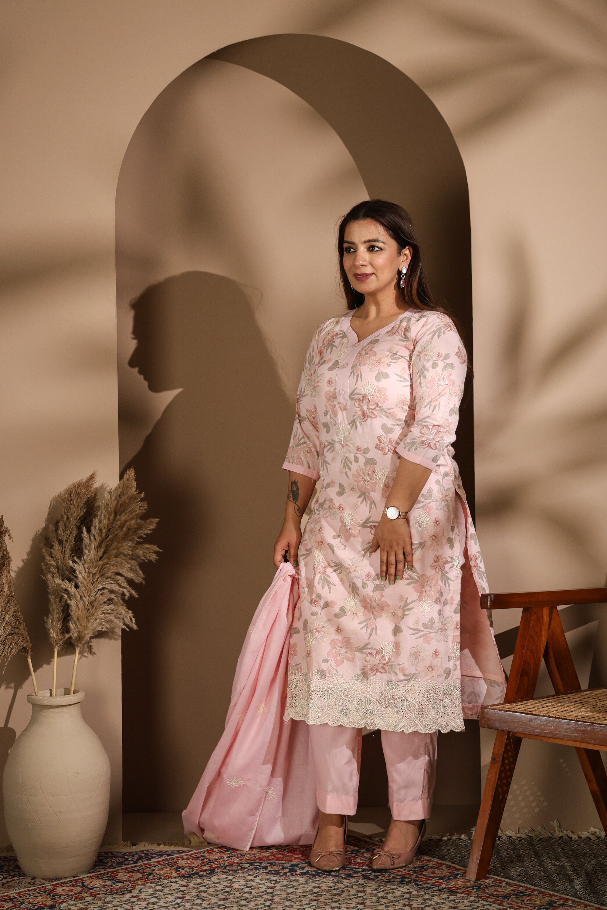 Pastel Pink Floral Printed Kurta Set with Embroidered Dupatta
