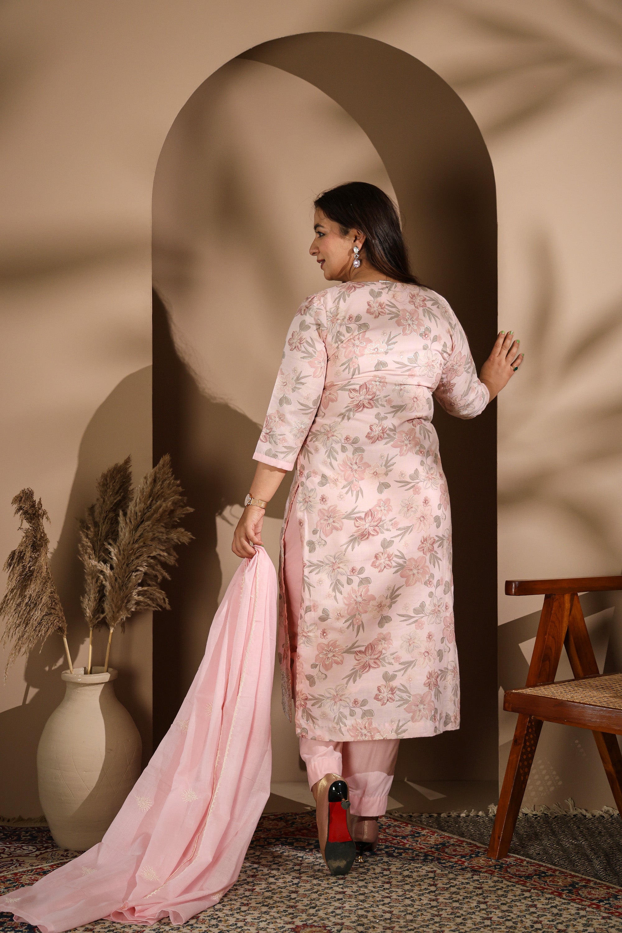 Pastel Pink Floral Printed Kurta Set with Embroidered Dupatta