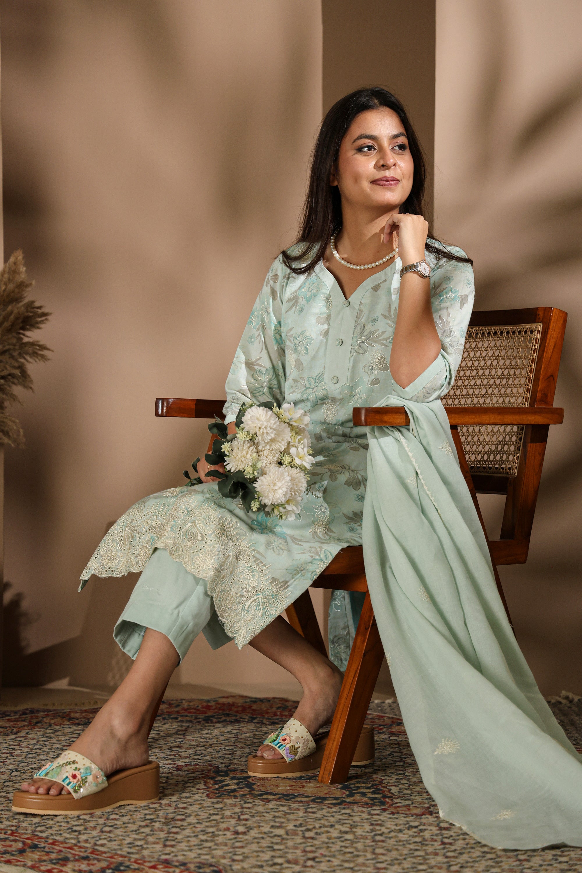 Pastel Mint Green Floral Kurta Set with Embroidered Dupatta