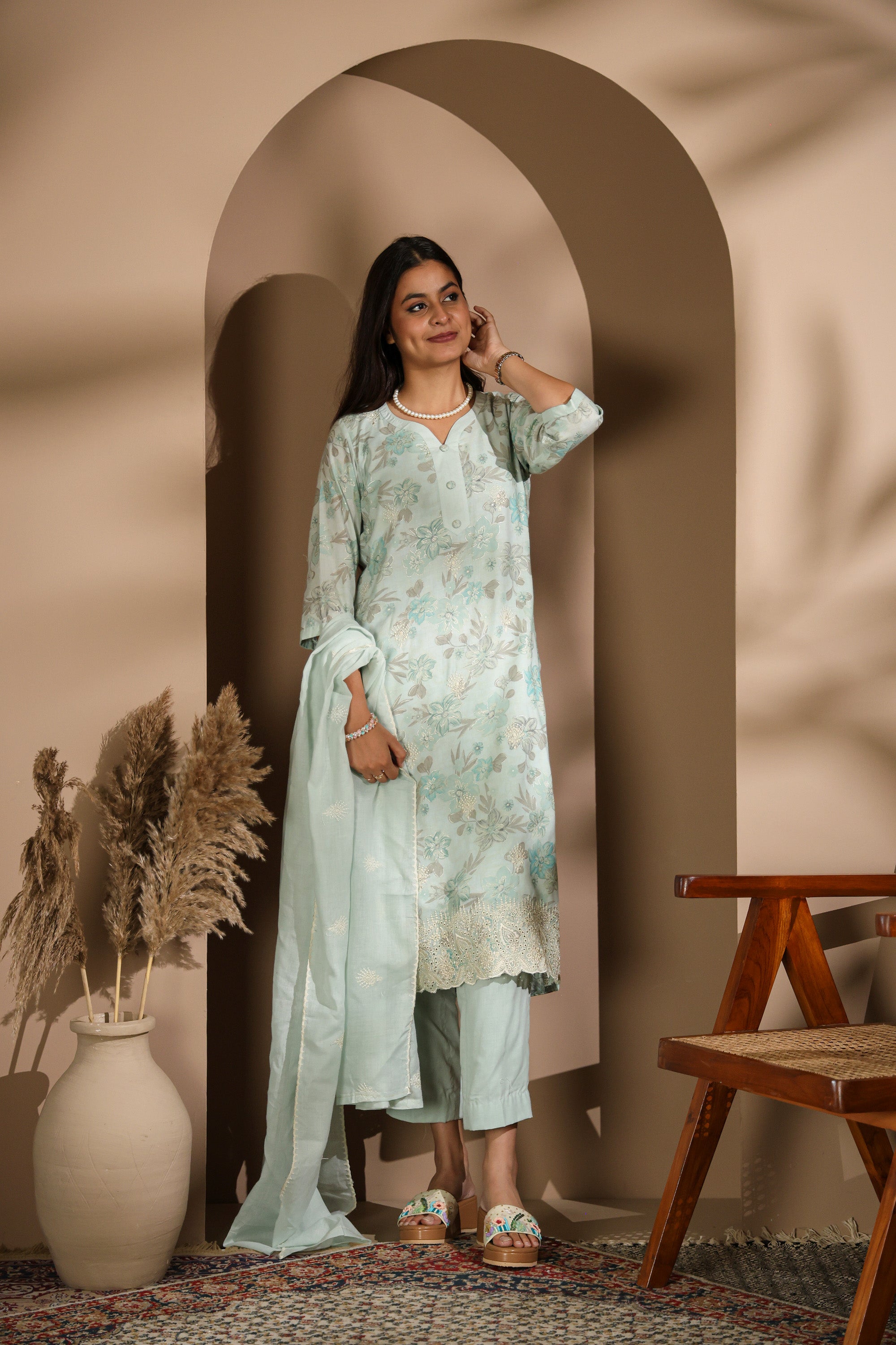 Pastel Mint Green Floral Kurta Set with Embroidered Dupatta
