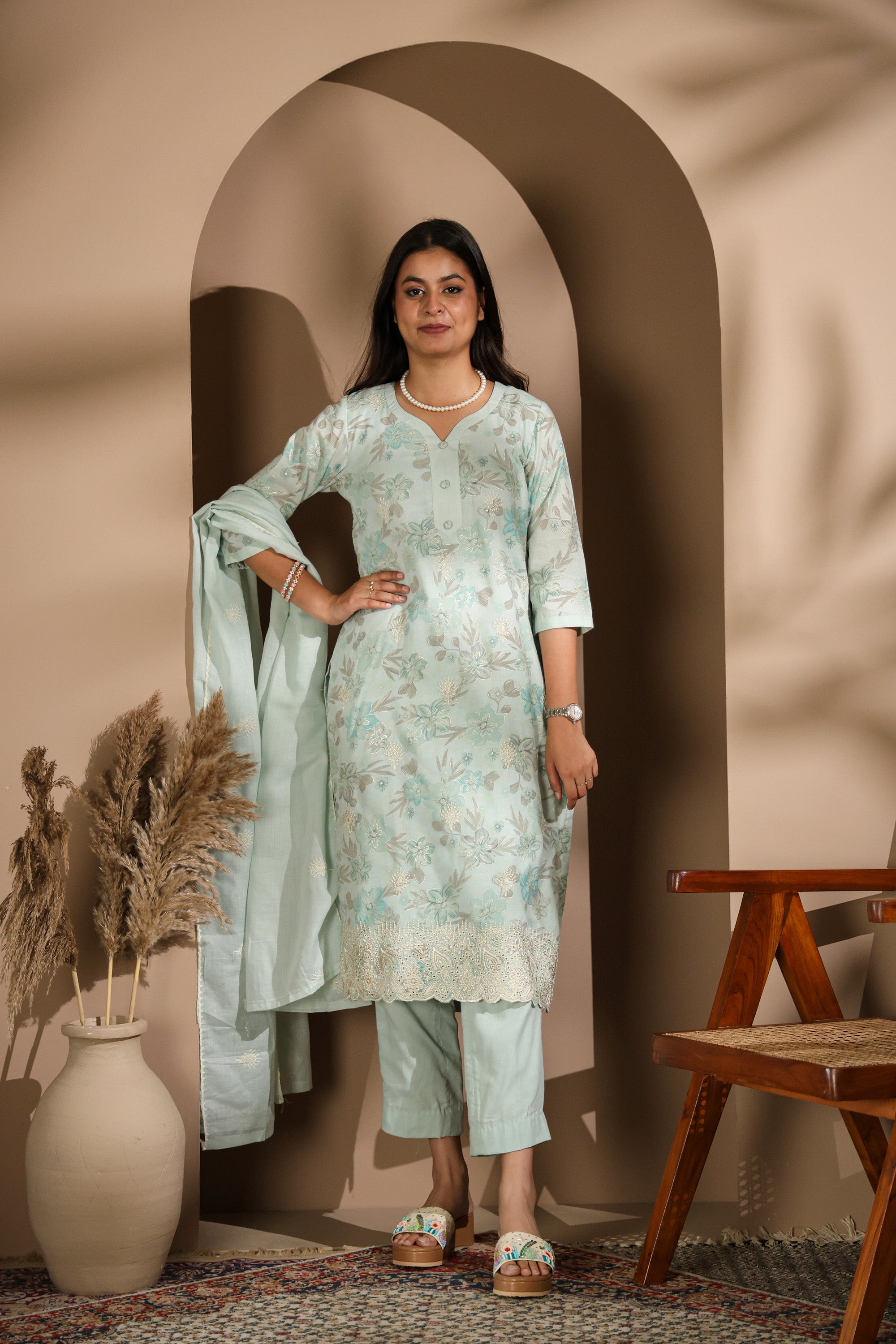 Pastel Mint Green Floral Kurta Set with Embroidered Dupatta