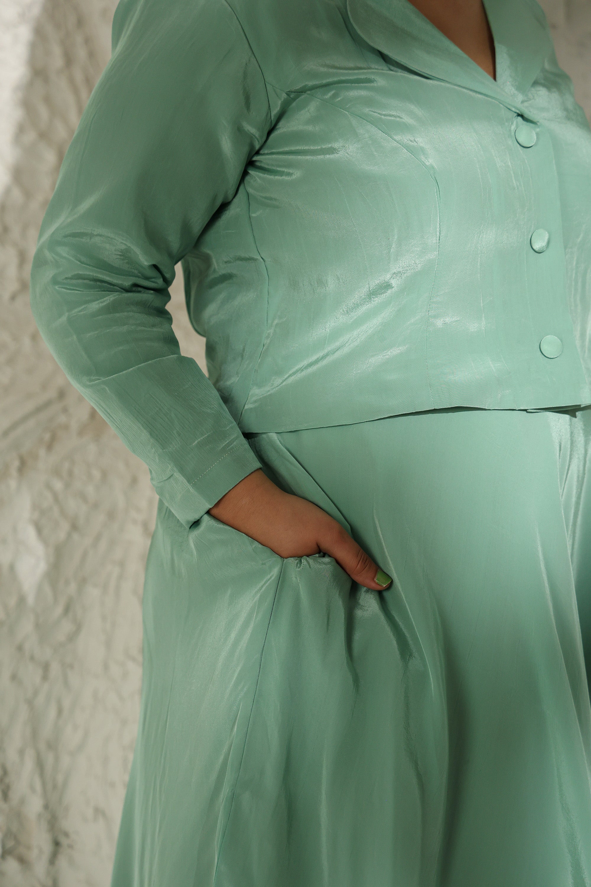 Green Crepe Cropped Blazer & A-Line Midi Skirt Set