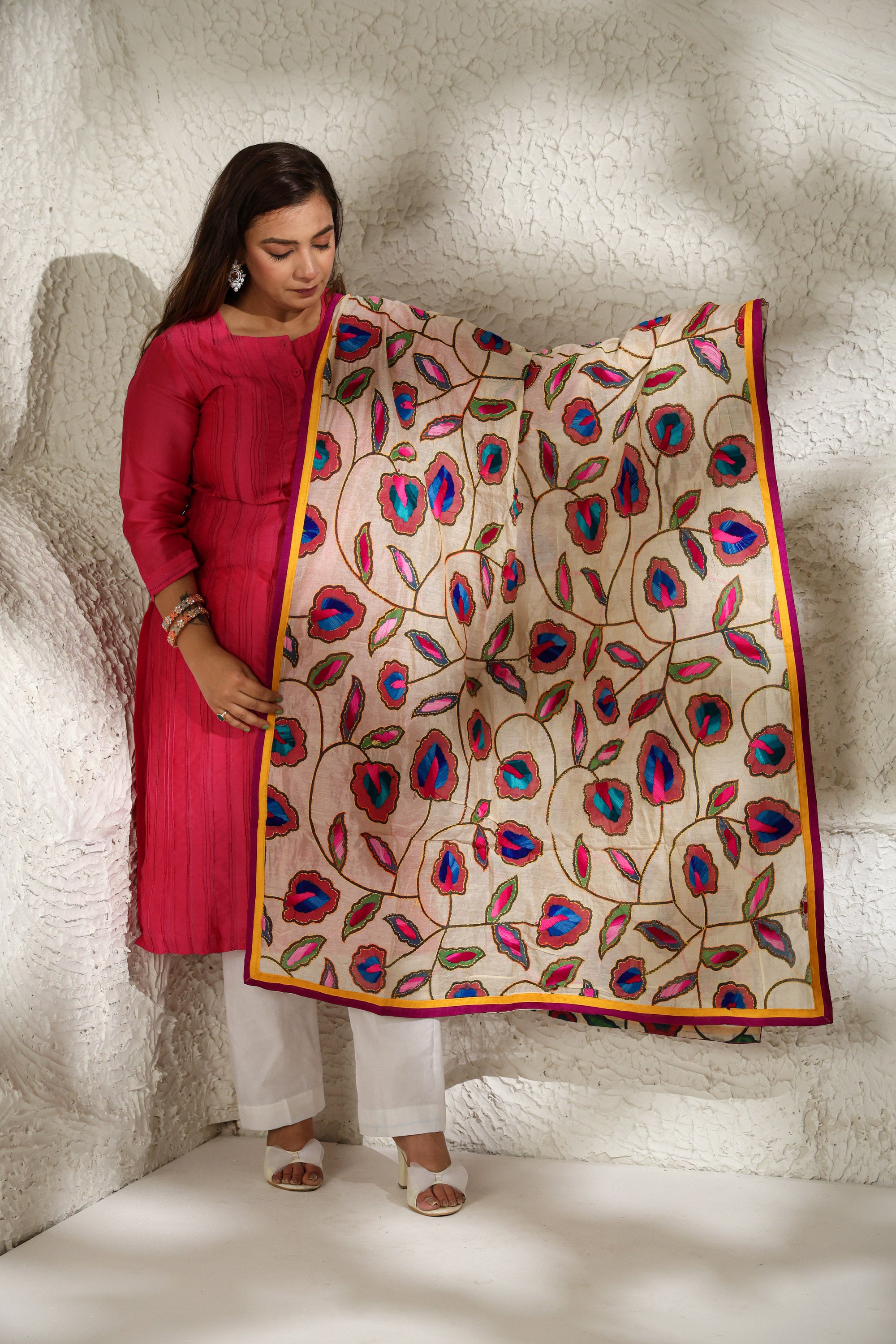 Cream Kantha Embroidered Dupatta