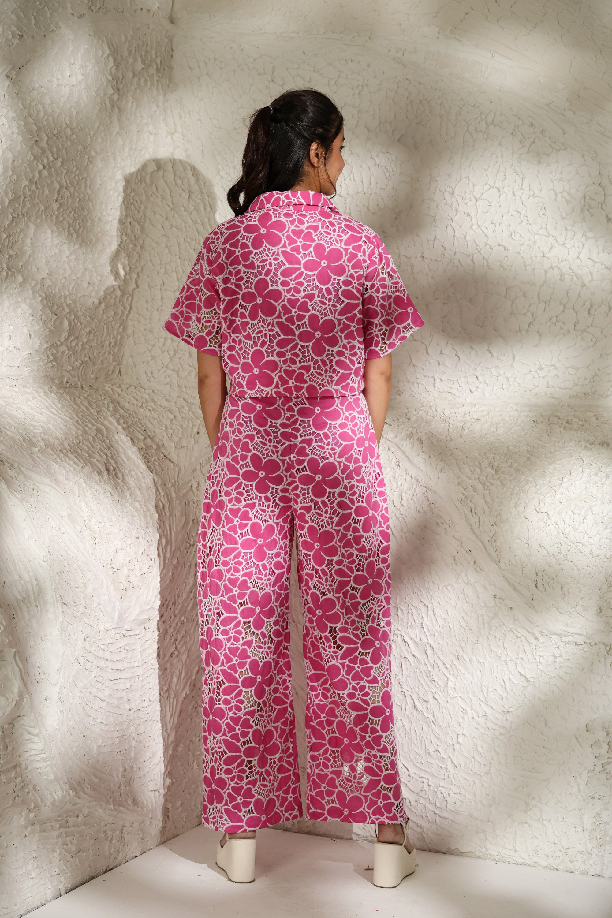 Fresh Pink Hakoba Embroidered Cambric Cotton Co-Ord Set