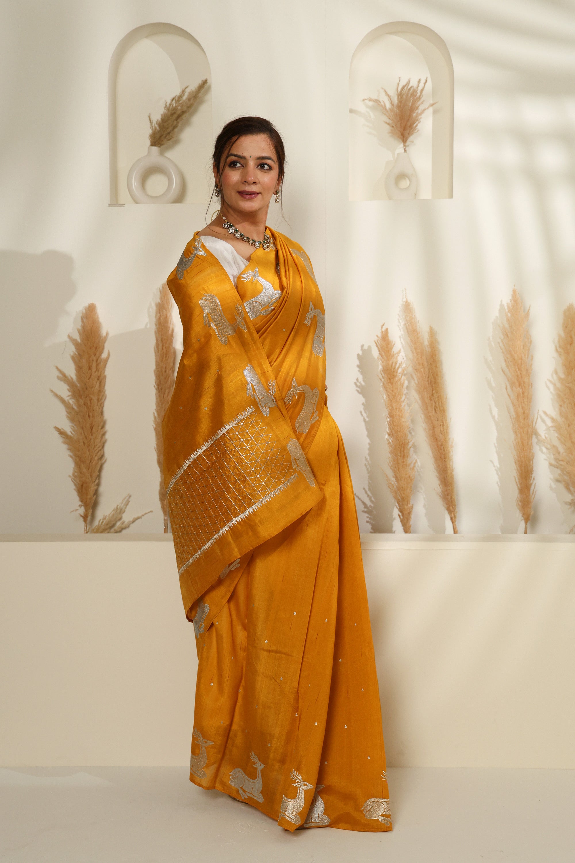 Mustard Yellow Silk Saree with Gold & Silver Zari and Deer Motifs