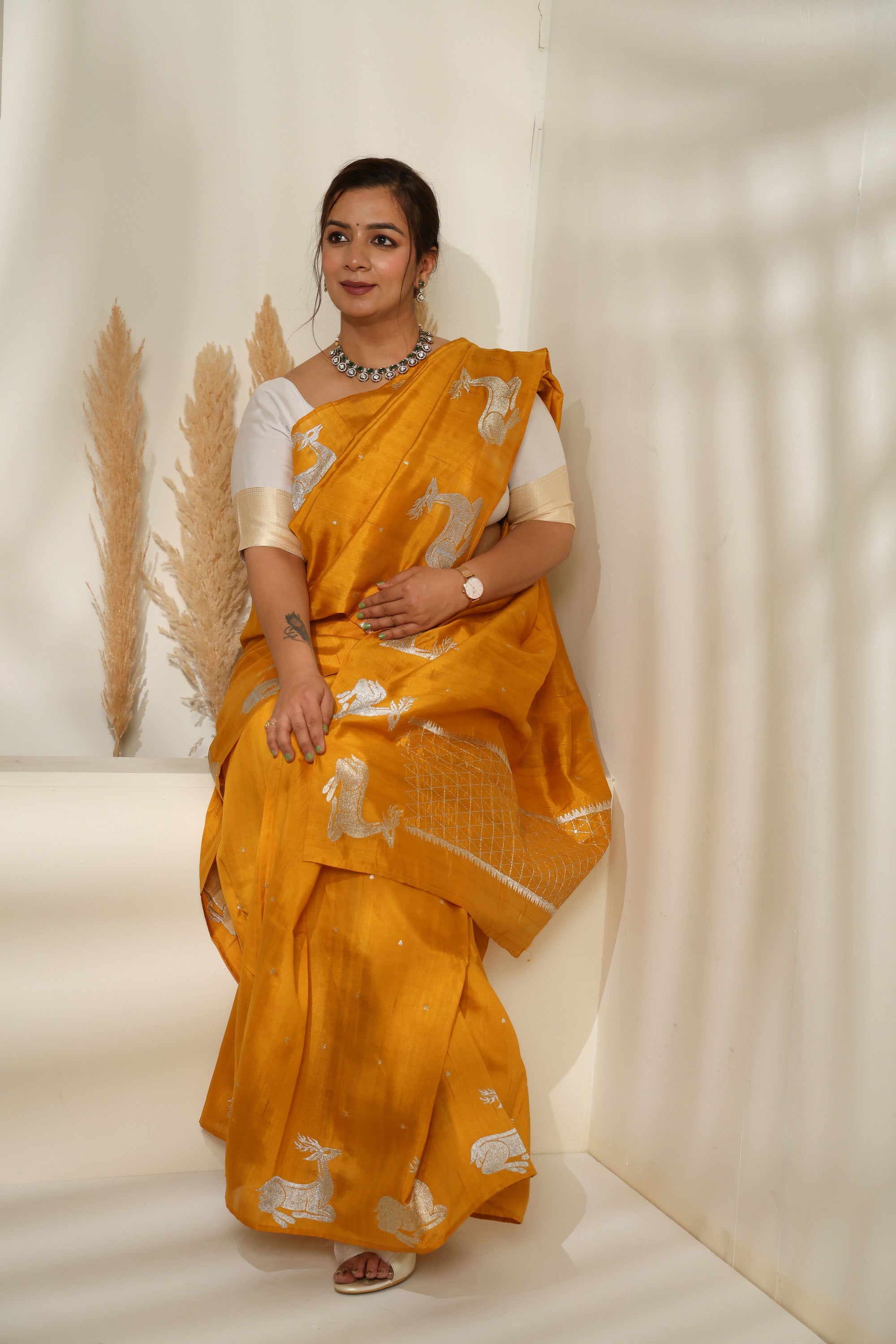 Mustard Yellow Silk Saree with Gold & Silver Zari and Deer Motifs