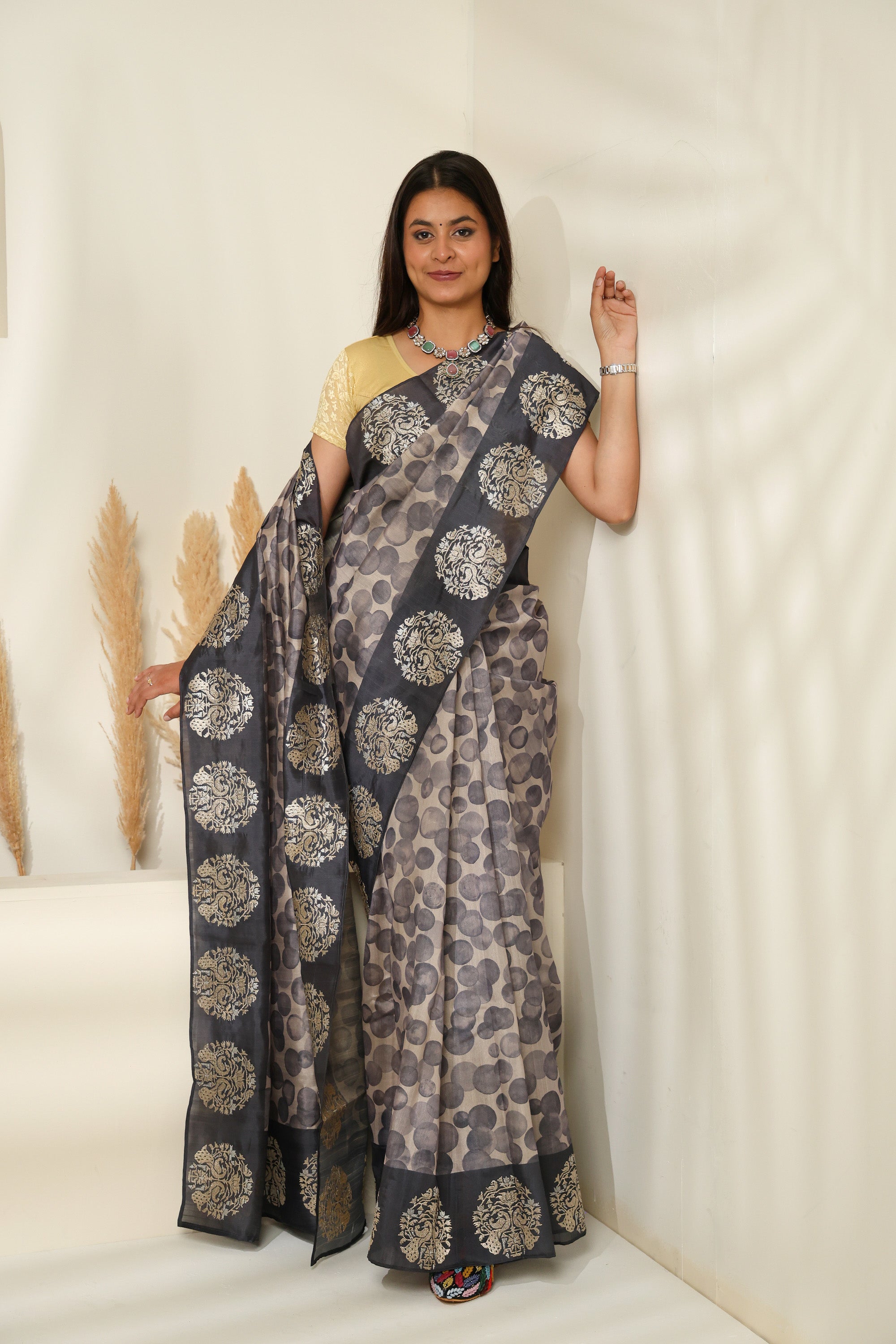 Soft Grey Silk-Blend Saree with Polka Dots & Golden Floral Border