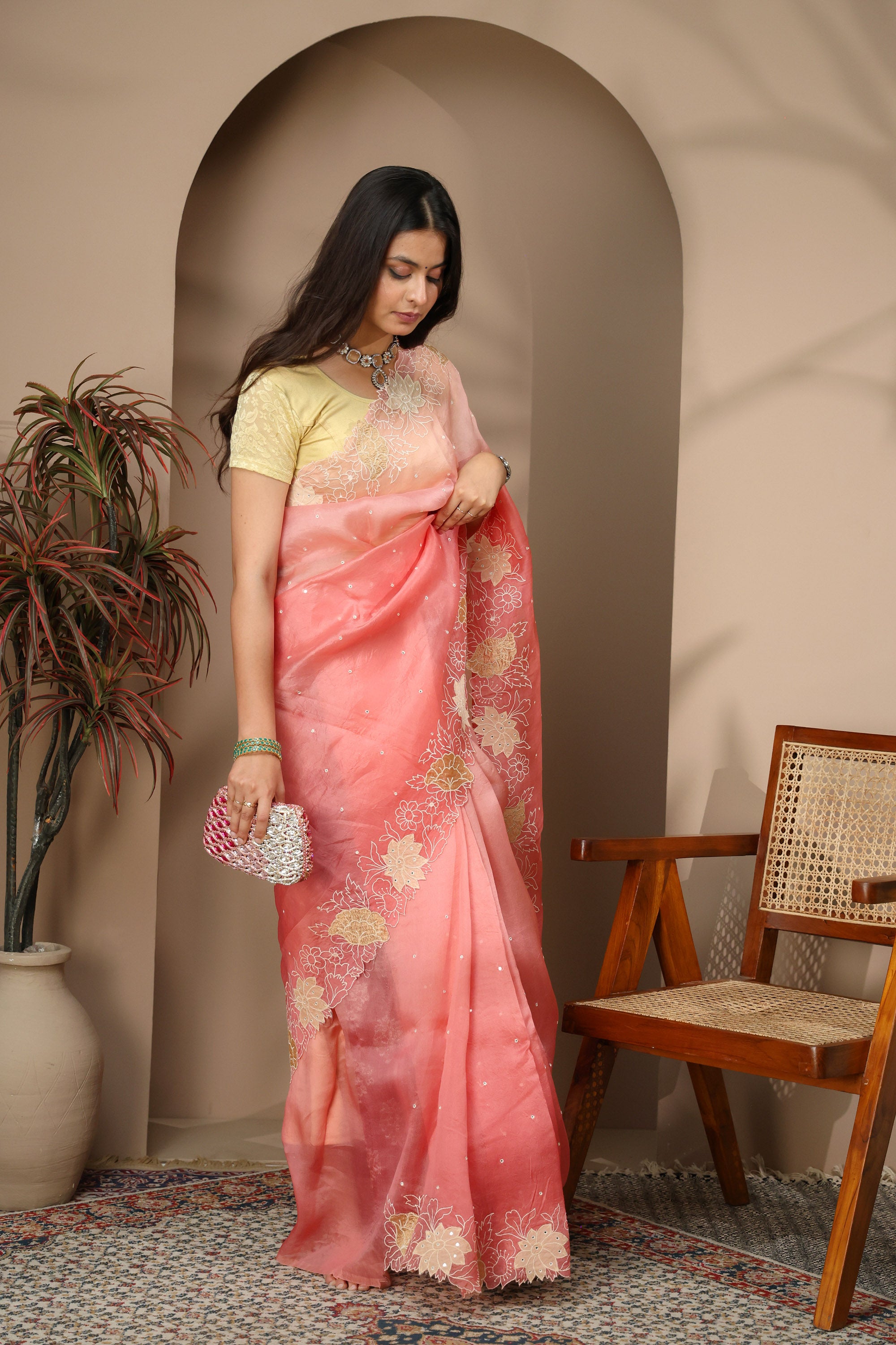 Blush Pink Organza Saree with Tonal Sequins & Floral Cutwork Border