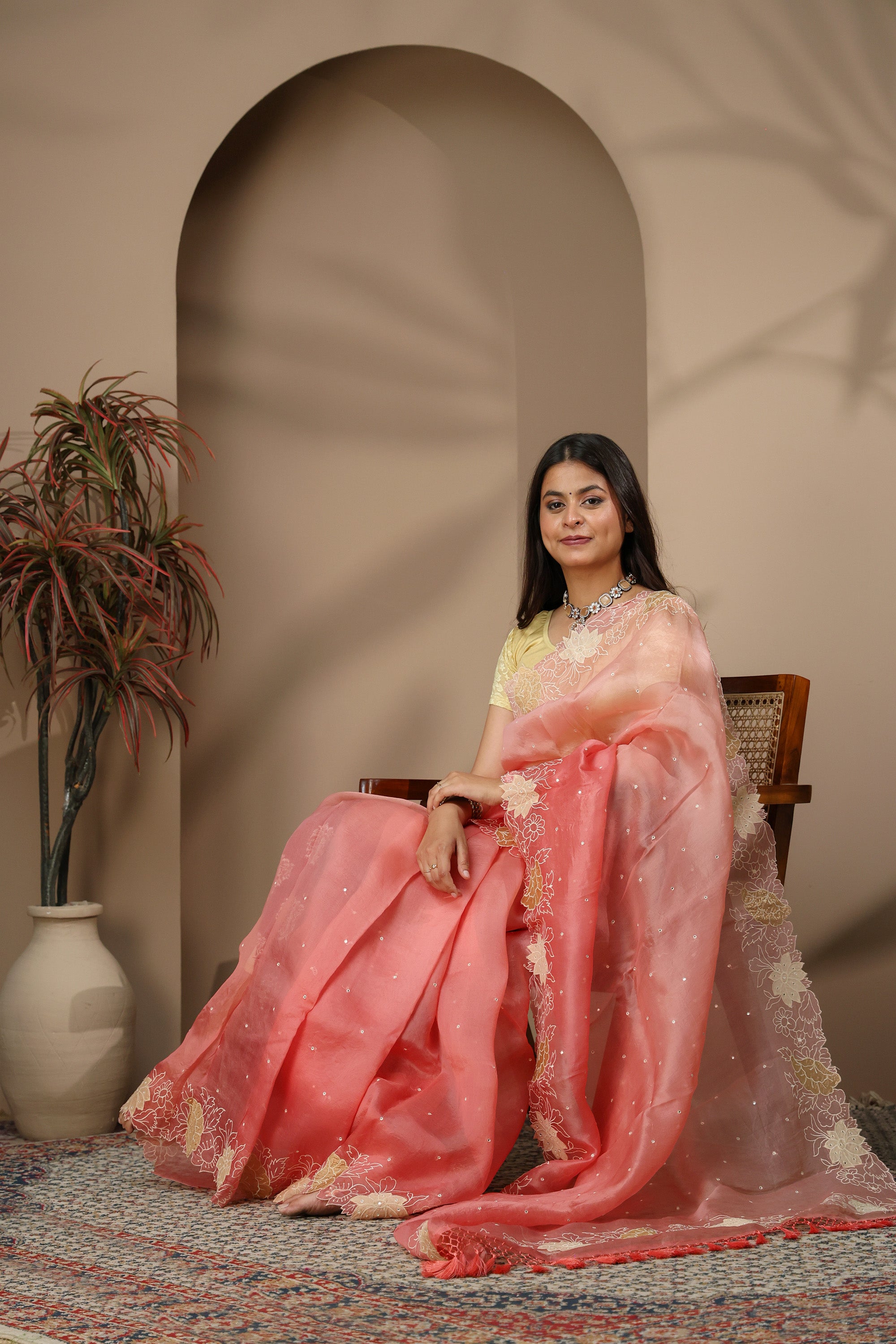 Blush Pink Organza Saree with Tonal Sequins & Floral Cutwork Border