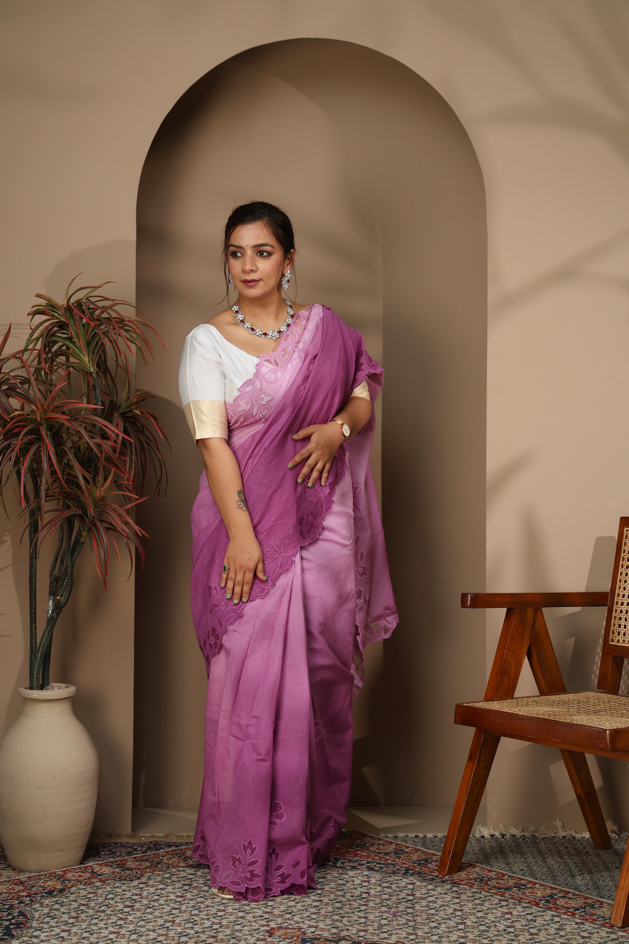 Lavender-Pink Lightweight Saree with Floral Cutwork Border