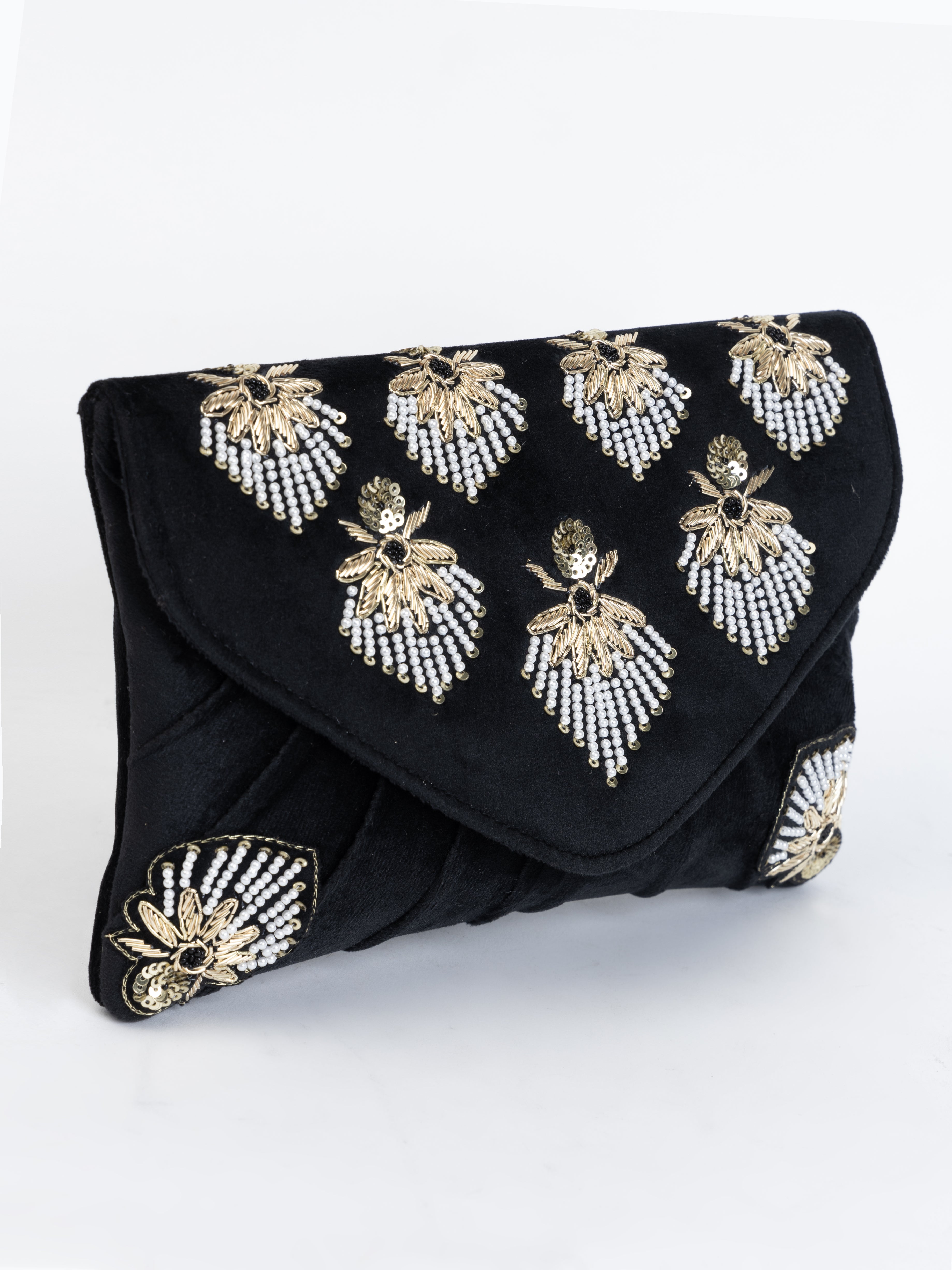 Black Velvet Clutch with Gilded Bead Embroidery
