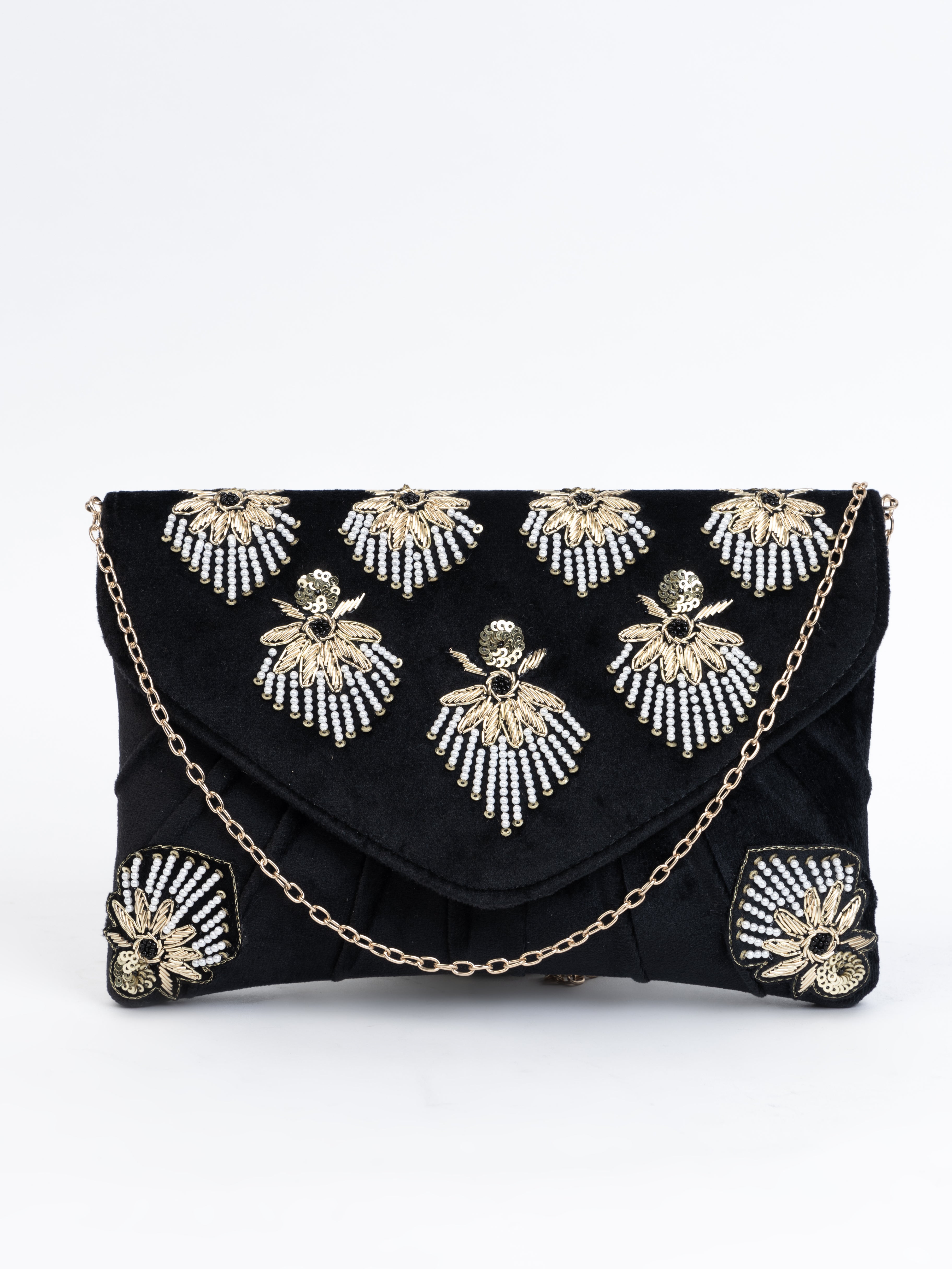 Black Velvet Clutch with Gilded Bead Embroidery