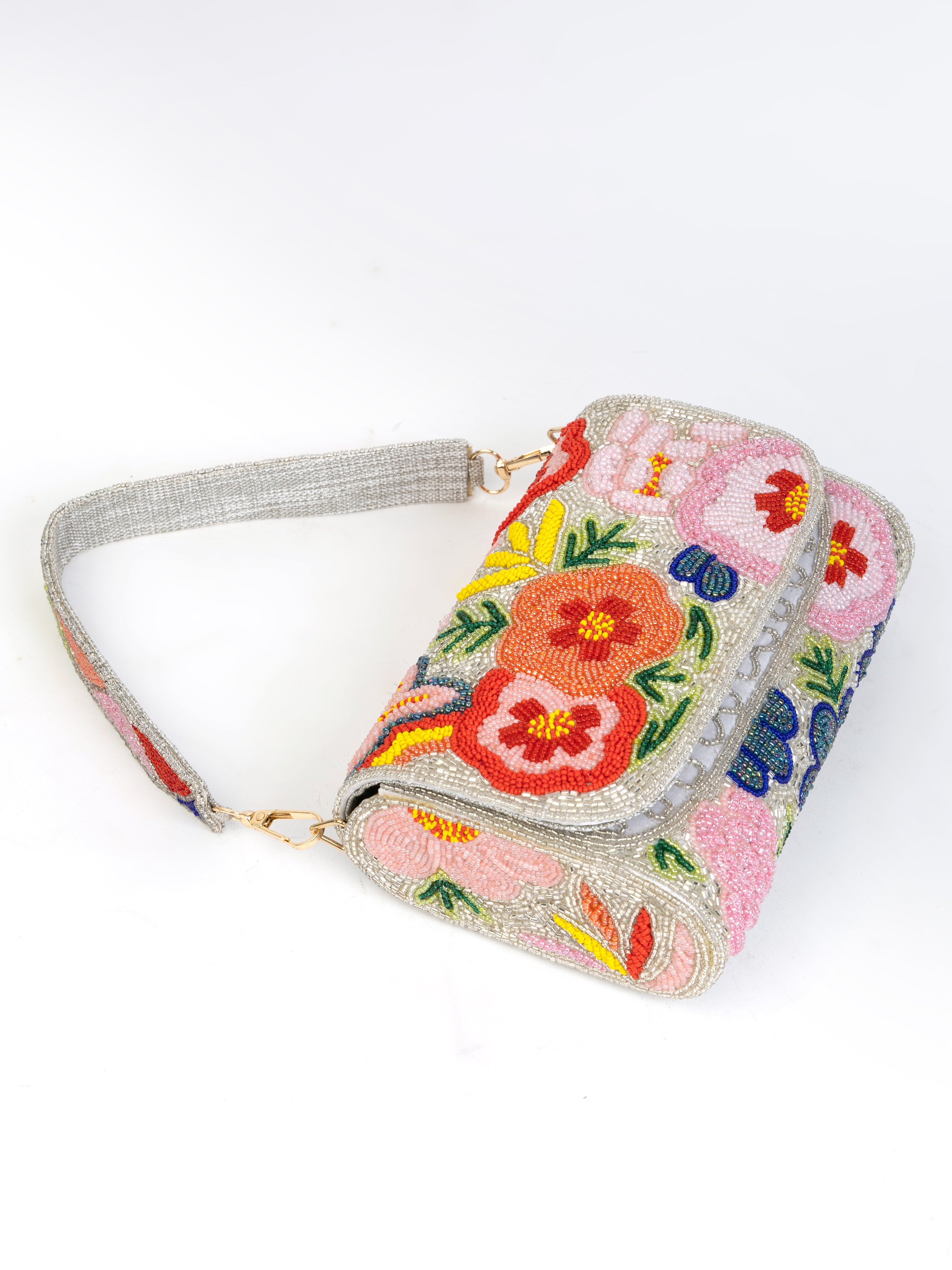 White Handbag with Beaded Floral Artistry