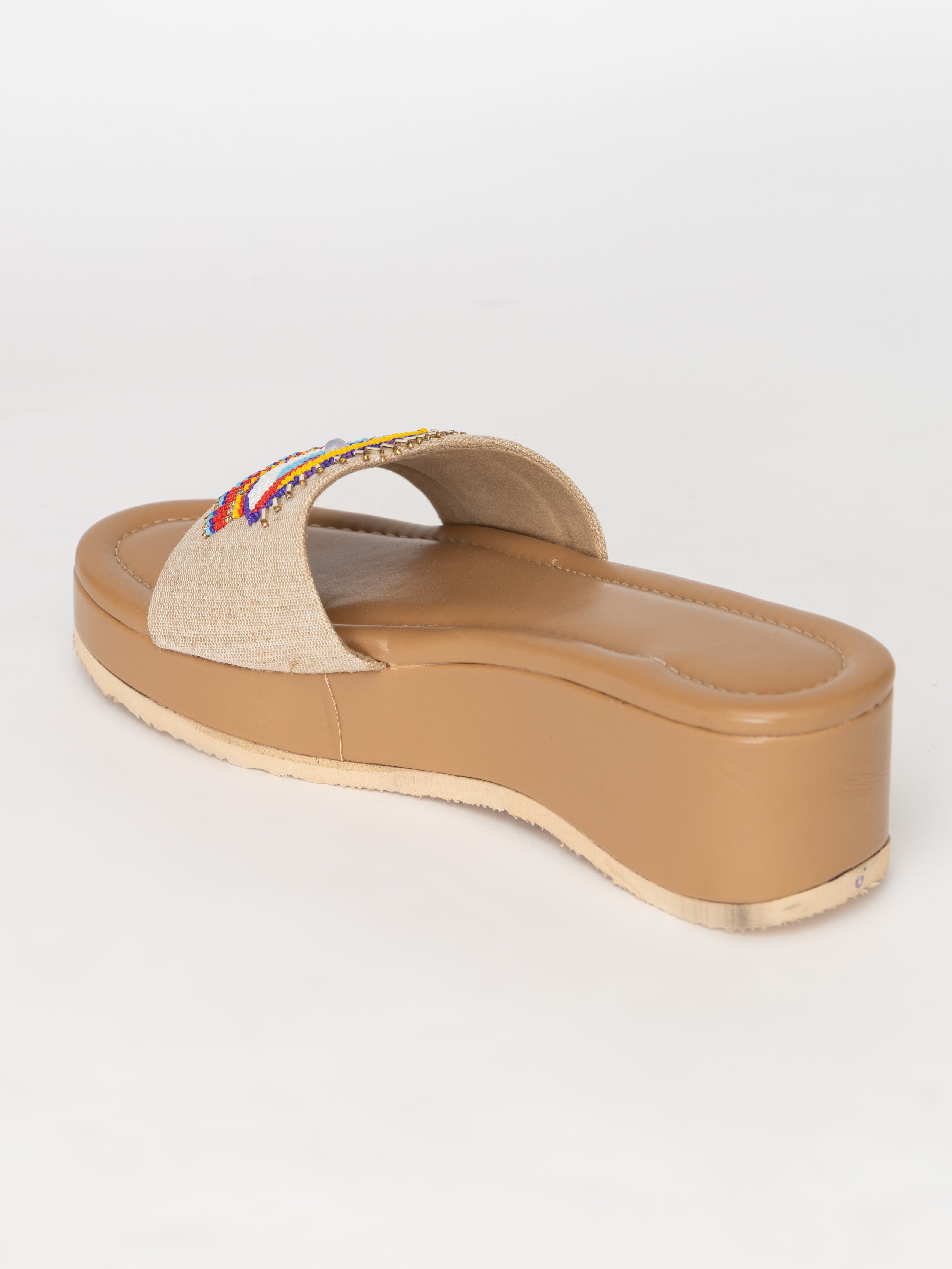 Beige Block Heel Sandals – Boho Eye Embroidered Slip-Ons