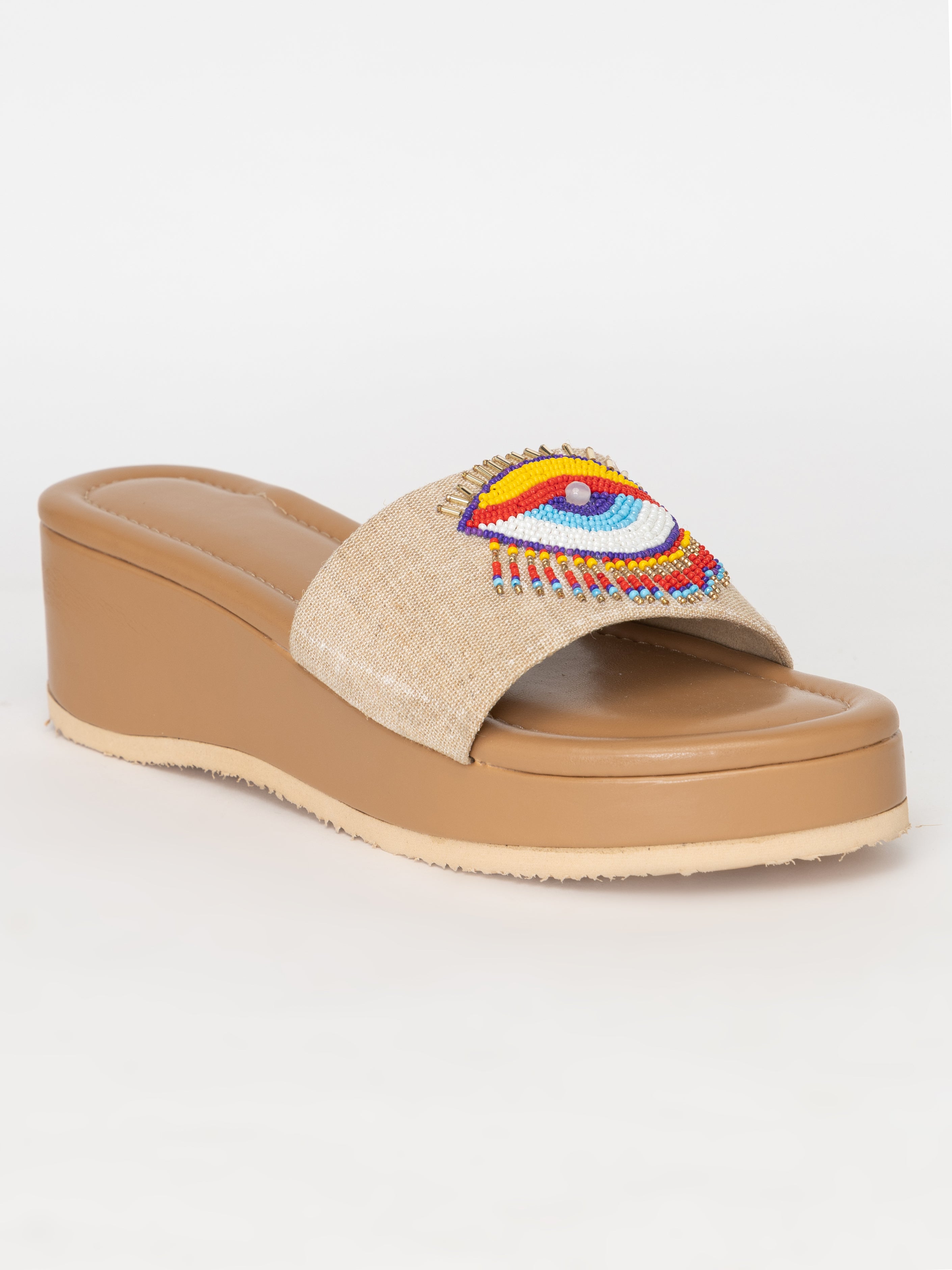Beige Block Heel Sandals – Boho Eye Embroidered Slip-Ons